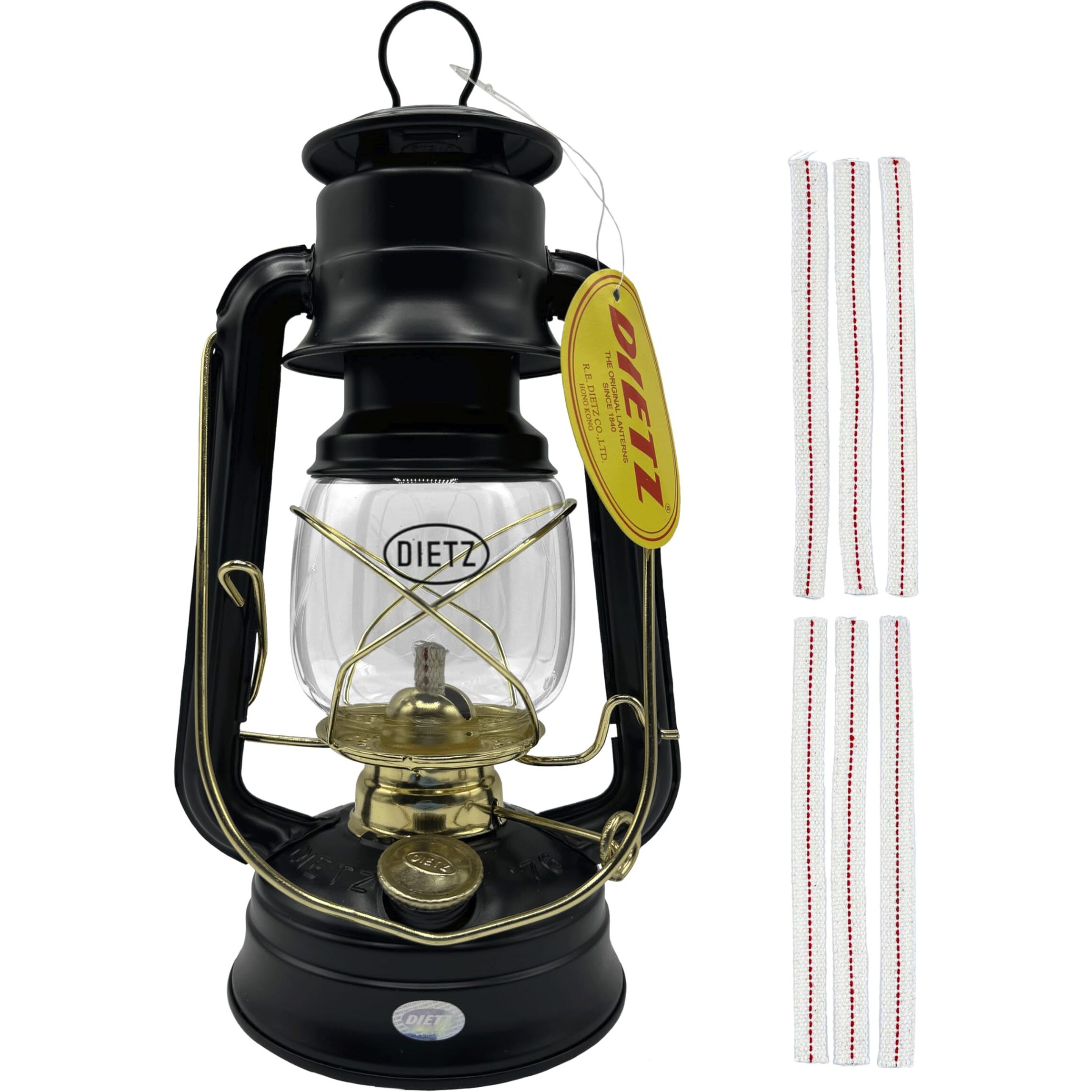 Light Of Mine - Dietz 76 Original Black With Gold Trim Oil Lantern With 1/2"" Replacement Wick Strips (Black With Gold Trim)