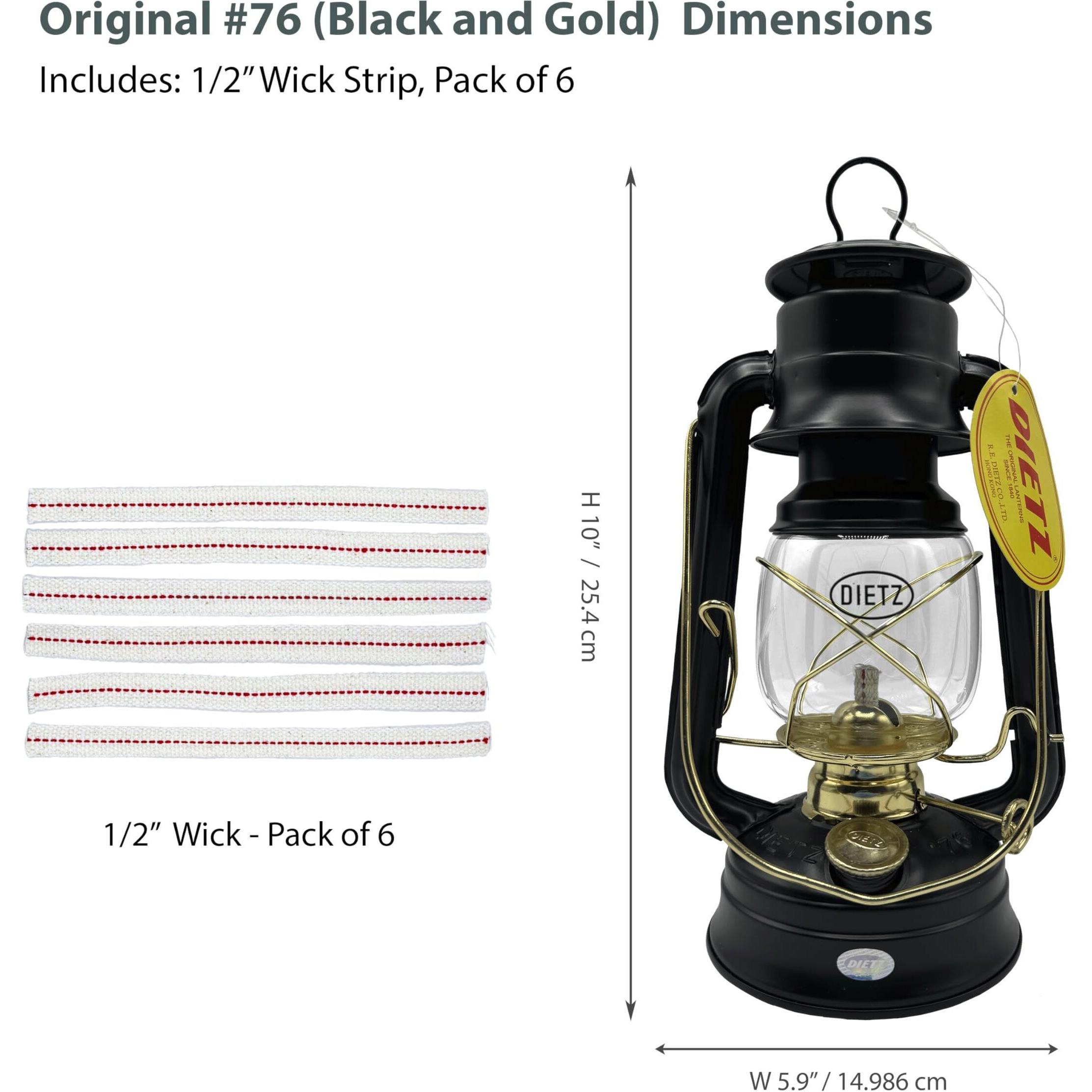 Light Of Mine - Dietz 76 Original Black With Gold Trim Oil Lantern With 1/2"" Replacement Wick Strips (Black With Gold Trim)