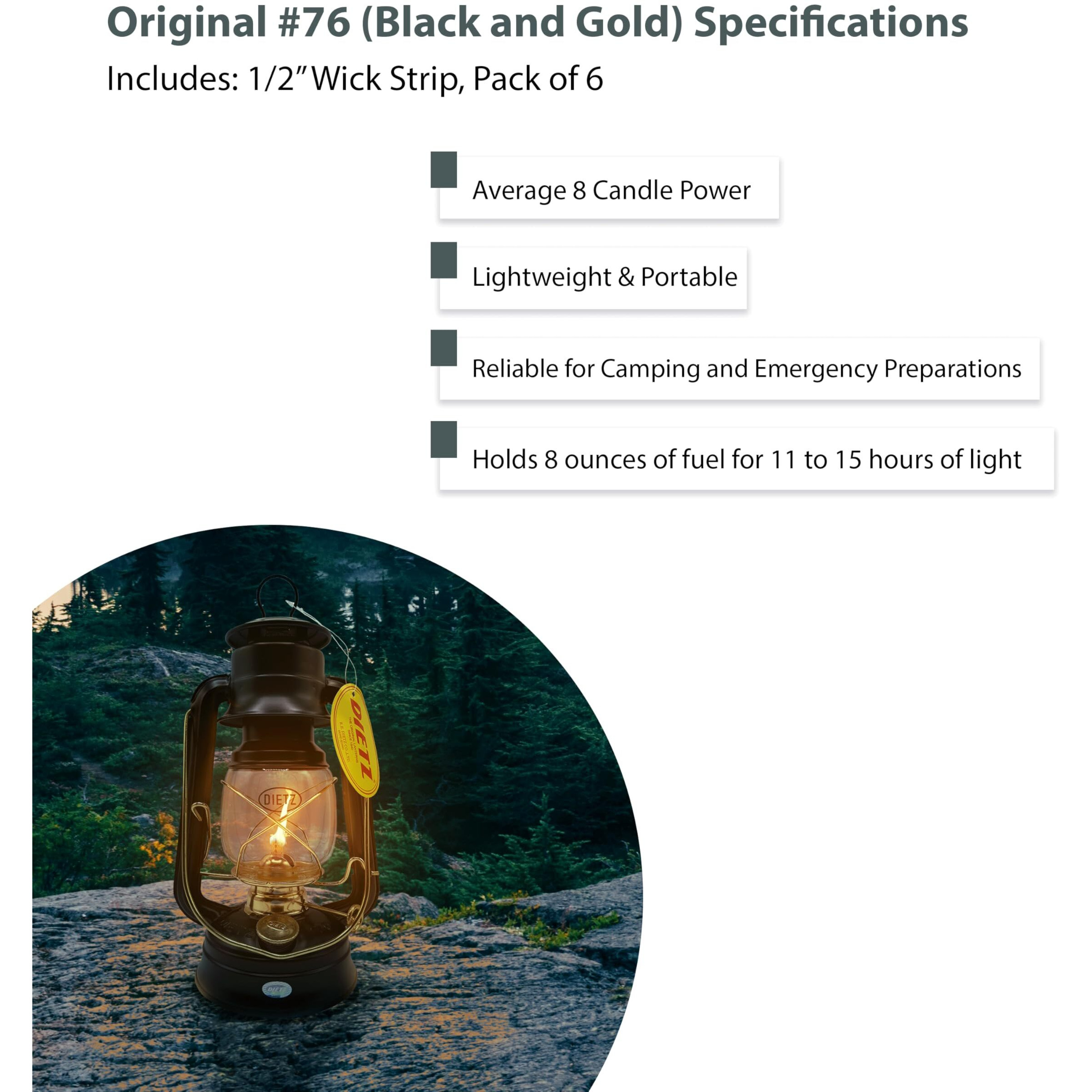 Light Of Mine - Dietz 76 Original Black With Gold Trim Oil Lantern With 1/2"" Replacement Wick Strips (Black With Gold Trim)