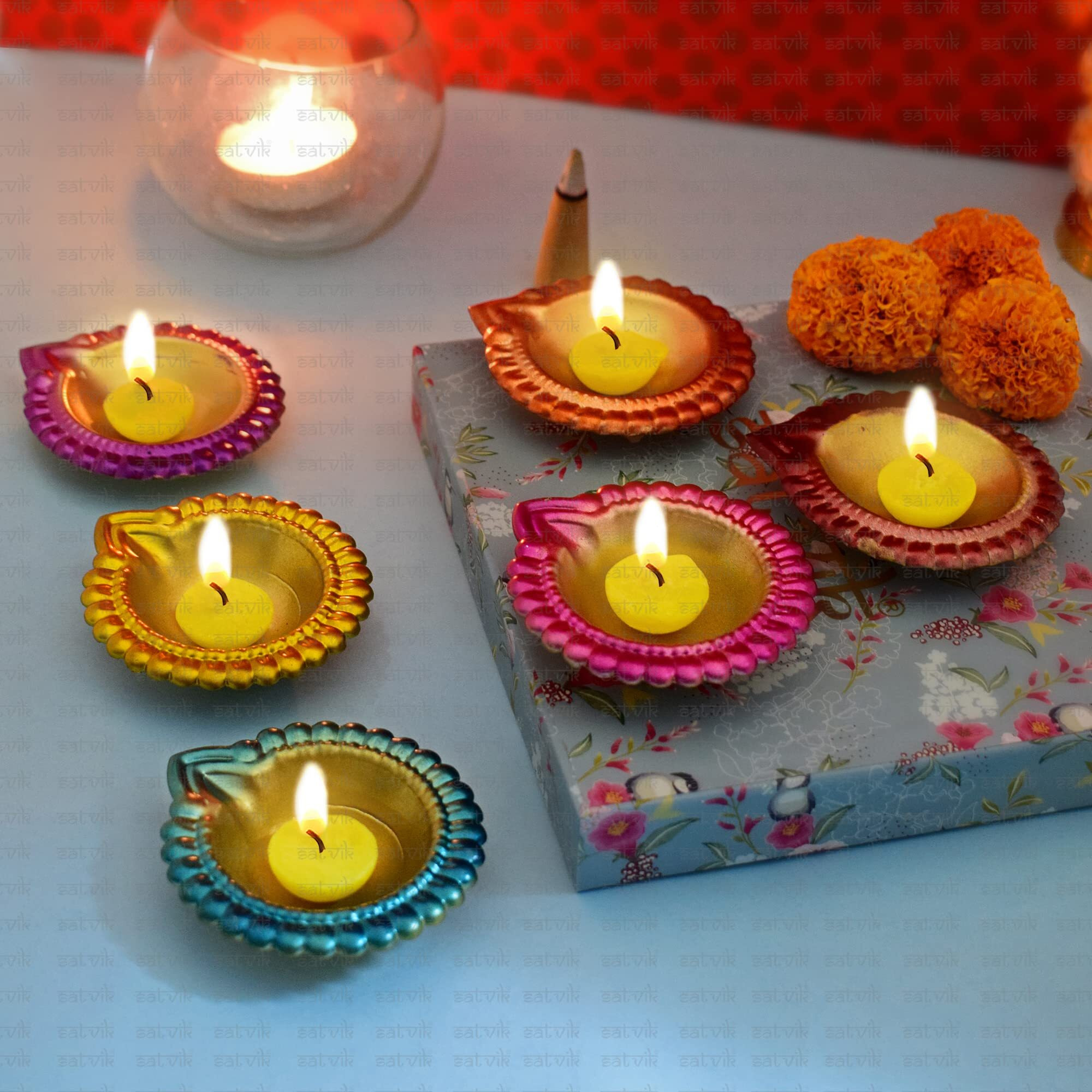 Satvik 24 Pc Multicolor Metal Designer Lakshmi Diya For Diwali Decoration. Dia Deepak Oil Lamp For Indoor And Outdoor Vilakku For Puja Pooja Traditional Indian Housewarming Return Gift Item