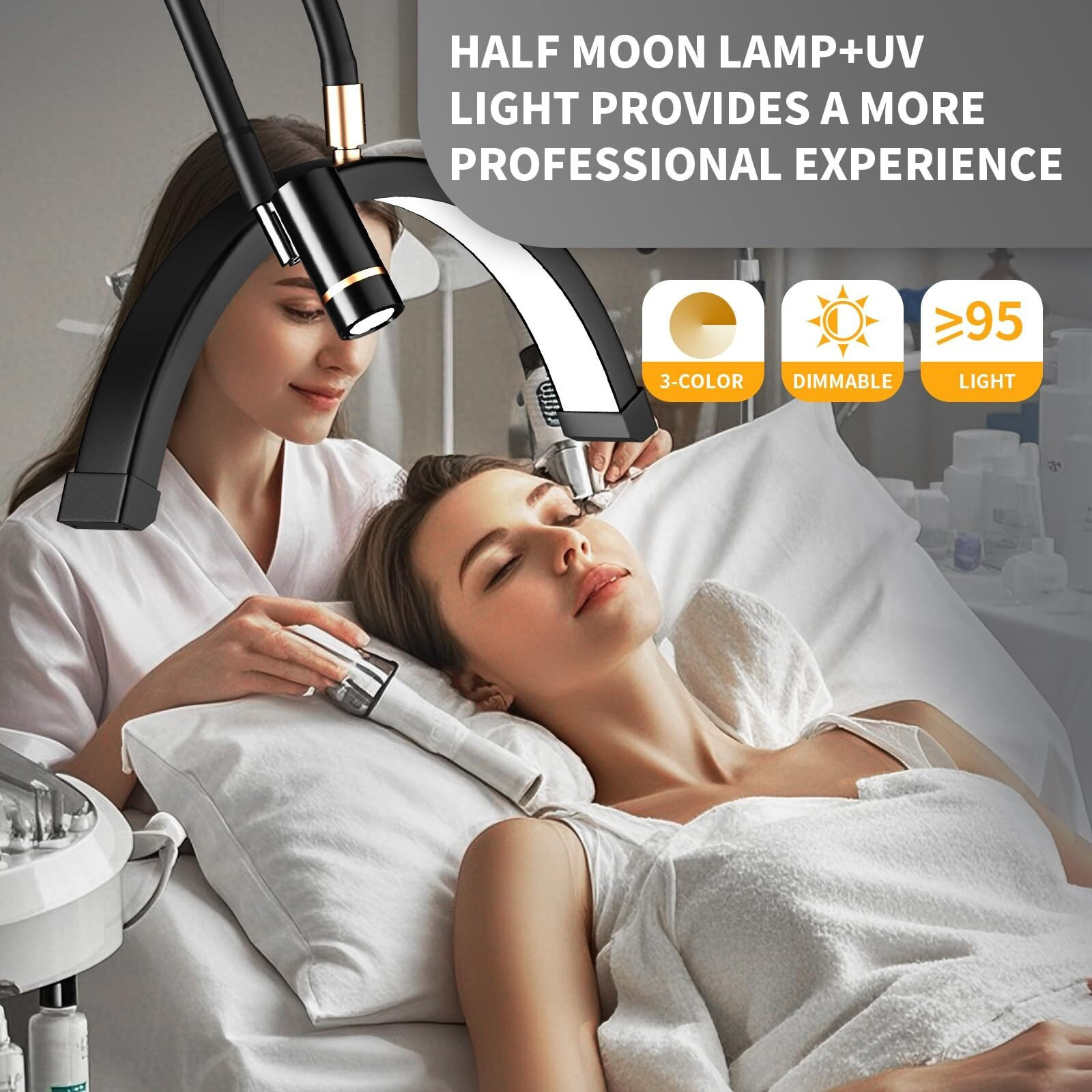 Beemingle Lash Lamp Half Moon Light For Eyelash Tech With 3 Color Temperature, Lash Lamp With Uv Light, Led Floor Lamp For Tattoos, Nail, Adjustable Height With Phone Holder (Black)
