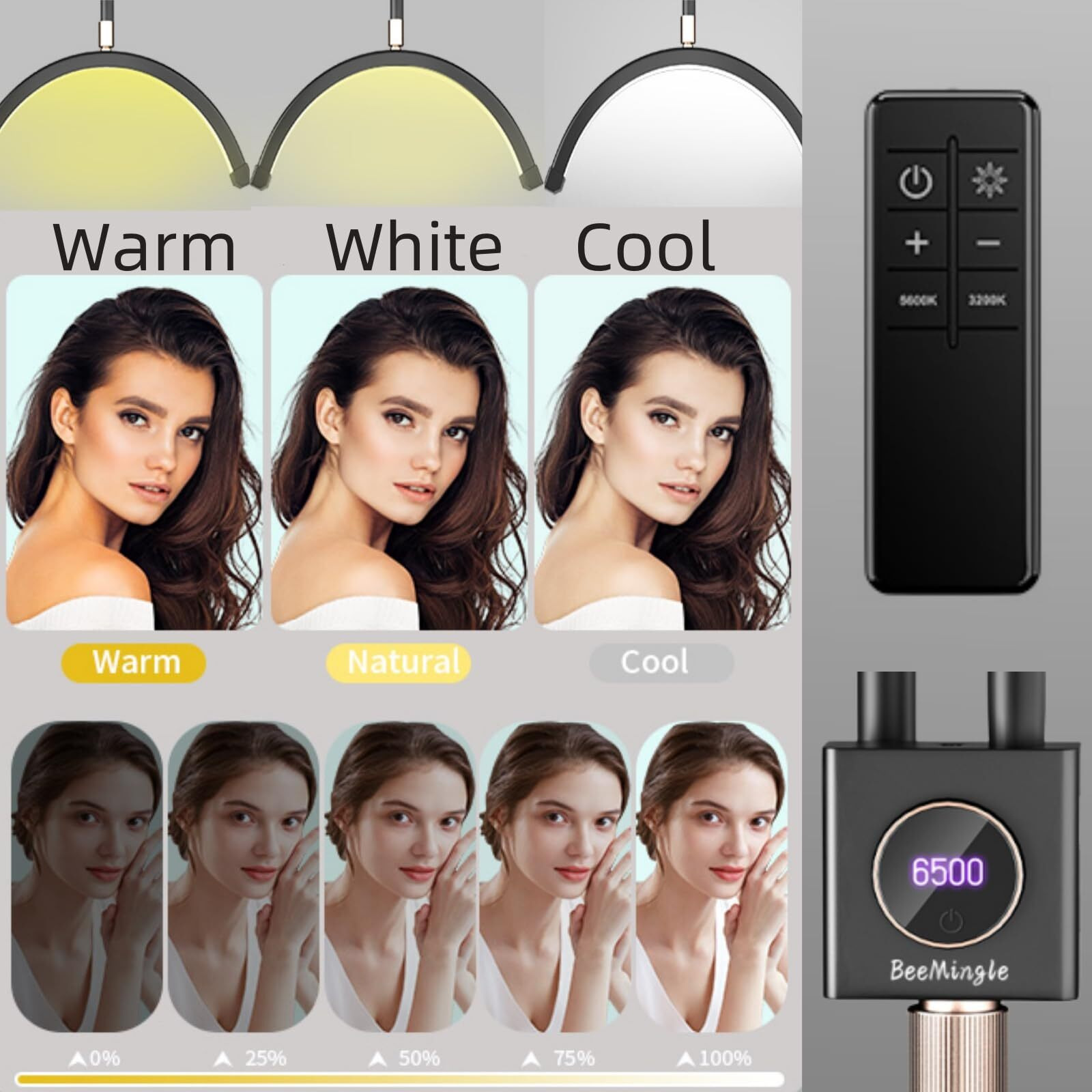 Beemingle Lash Lamp Half Moon Light For Eyelash Tech With 3 Color Temperature, Lash Lamp With Uv Light, Led Floor Lamp For Tattoos, Nail, Adjustable Height With Phone Holder (Black)