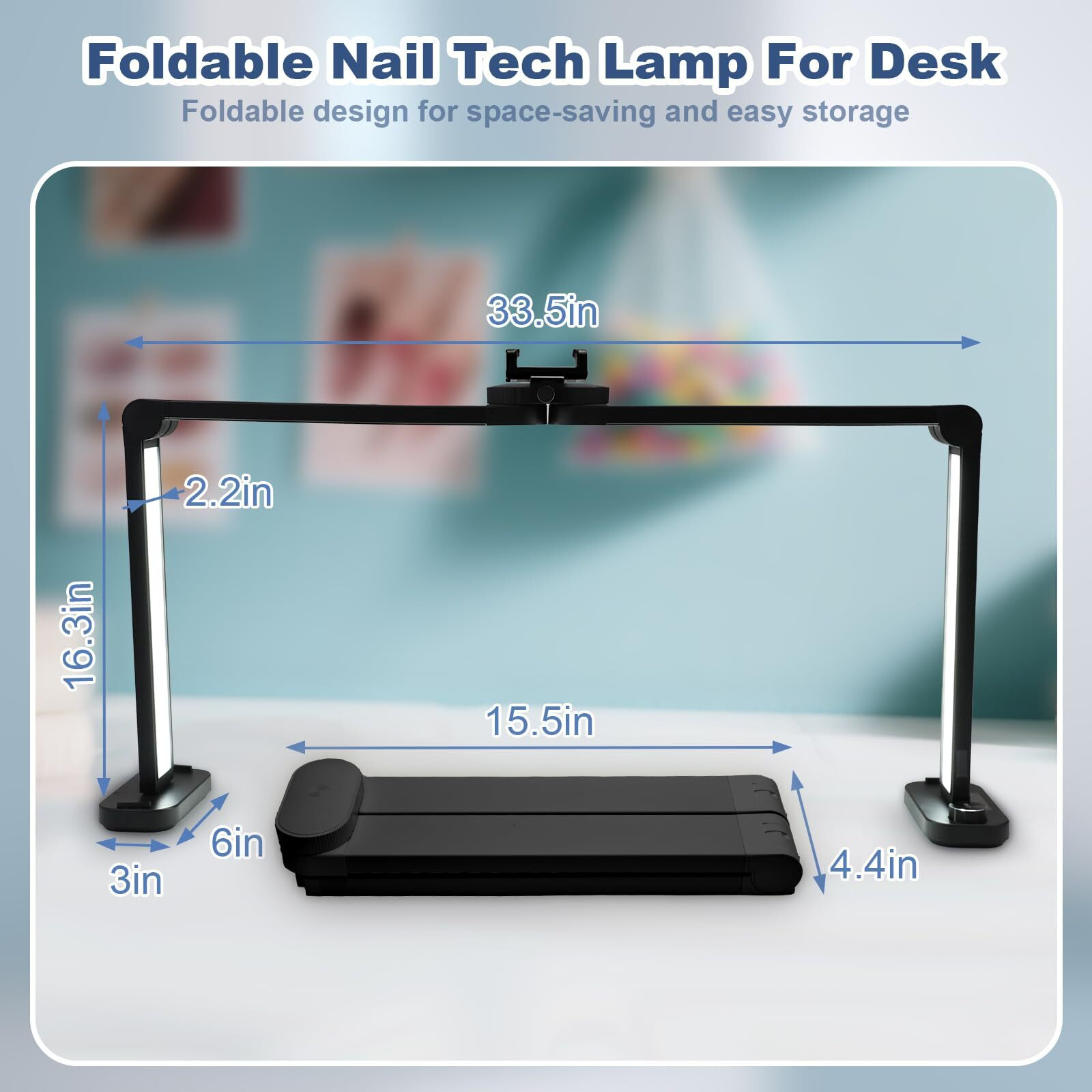 Cgbe Nail Table Light 33.5"" Nail Desk Light With Phone Holder - 456 Led 3 Light Colors &10 Brightness Levels Half Moon Table Light For Manicure/Lash Extension/Tattoo/Beauty (Black)