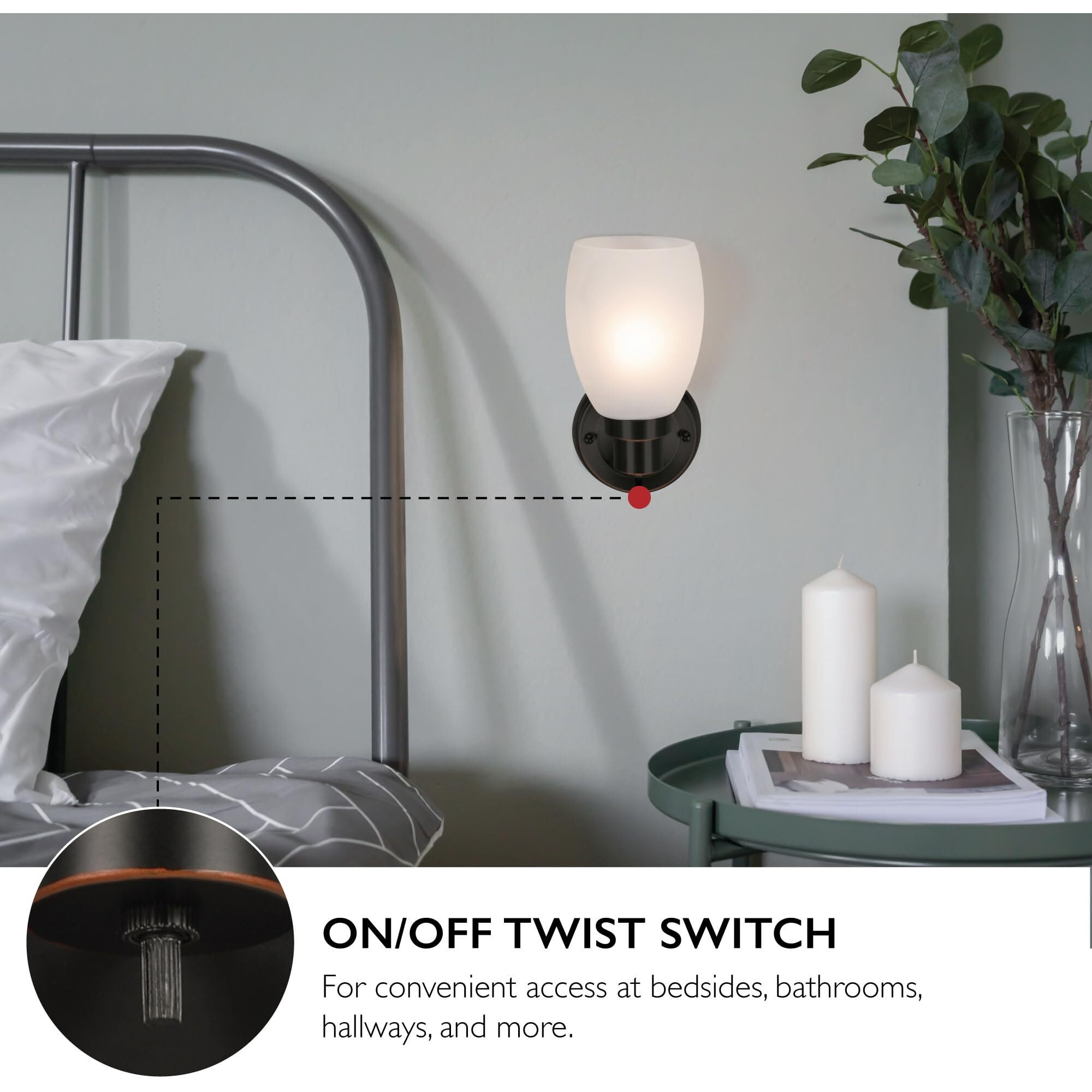 Lydia Wall Sconce, Oil Rubbed Bronze Finish, Frosted Glass Shade, Dimmable With Twist On/Off Switch For Hallway, Foyer, Bathroom - Design House, 588814-Orb