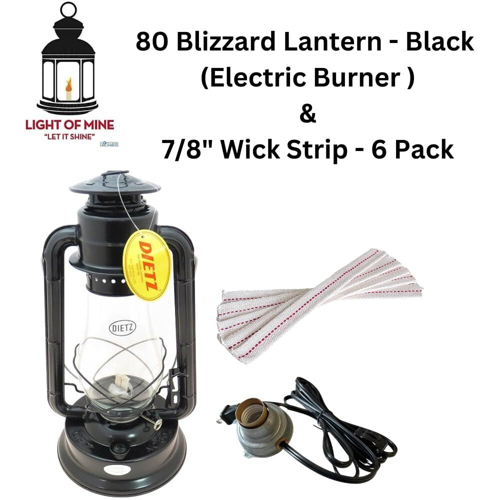 Light Of Mine - Dietz 80 Blizzard Oil Lantern With 7/8"" Replacement Wick Strips (Black With Electric Conversion Kit)