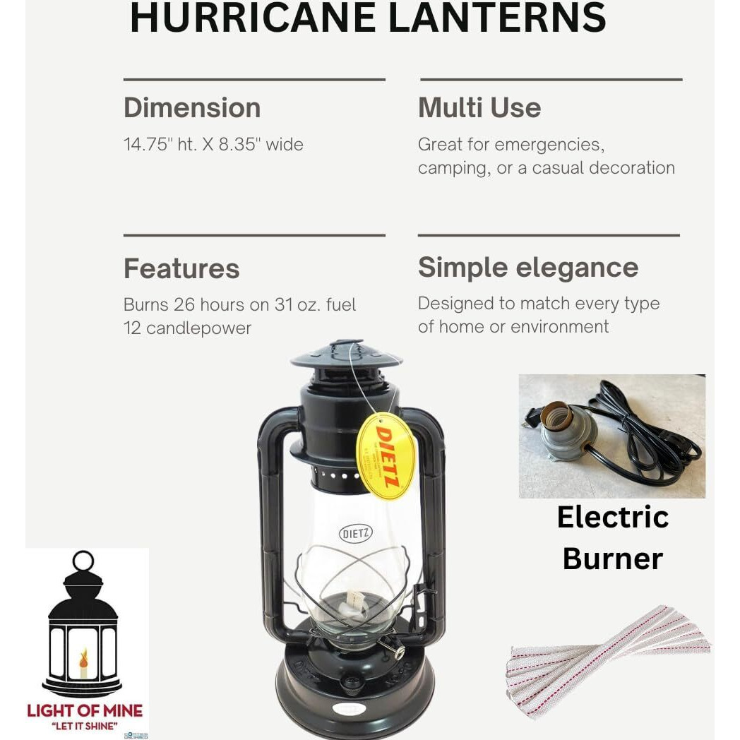 Light Of Mine - Dietz 80 Blizzard Oil Lantern With 7/8"" Replacement Wick Strips (Black With Electric Conversion Kit)