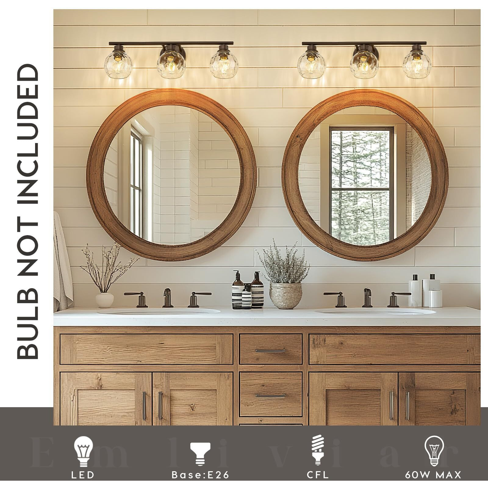 Emliviar 3 Light Bathroom Vanity Light, Indoor Wall Sconces With Water Ripple Globe Glass, Farmhouse Bath Vanity Lighting In Oil Rubbed Bronze Finish With E26 Bulb Base, Ye295Bg-3W Orb-Wg