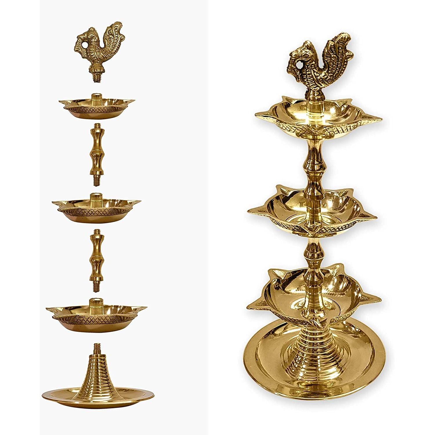 Satvik 2 Pc Standing Brass Kerala Samai Diwali Deepak For Puja Traditional Panchmahal Pooja Deepam Diya Oil Lamp Kutthu Vilakku Dia 3 In 1 Step Adjustable 8.5 Inch Deepawali Indian Gift Item
