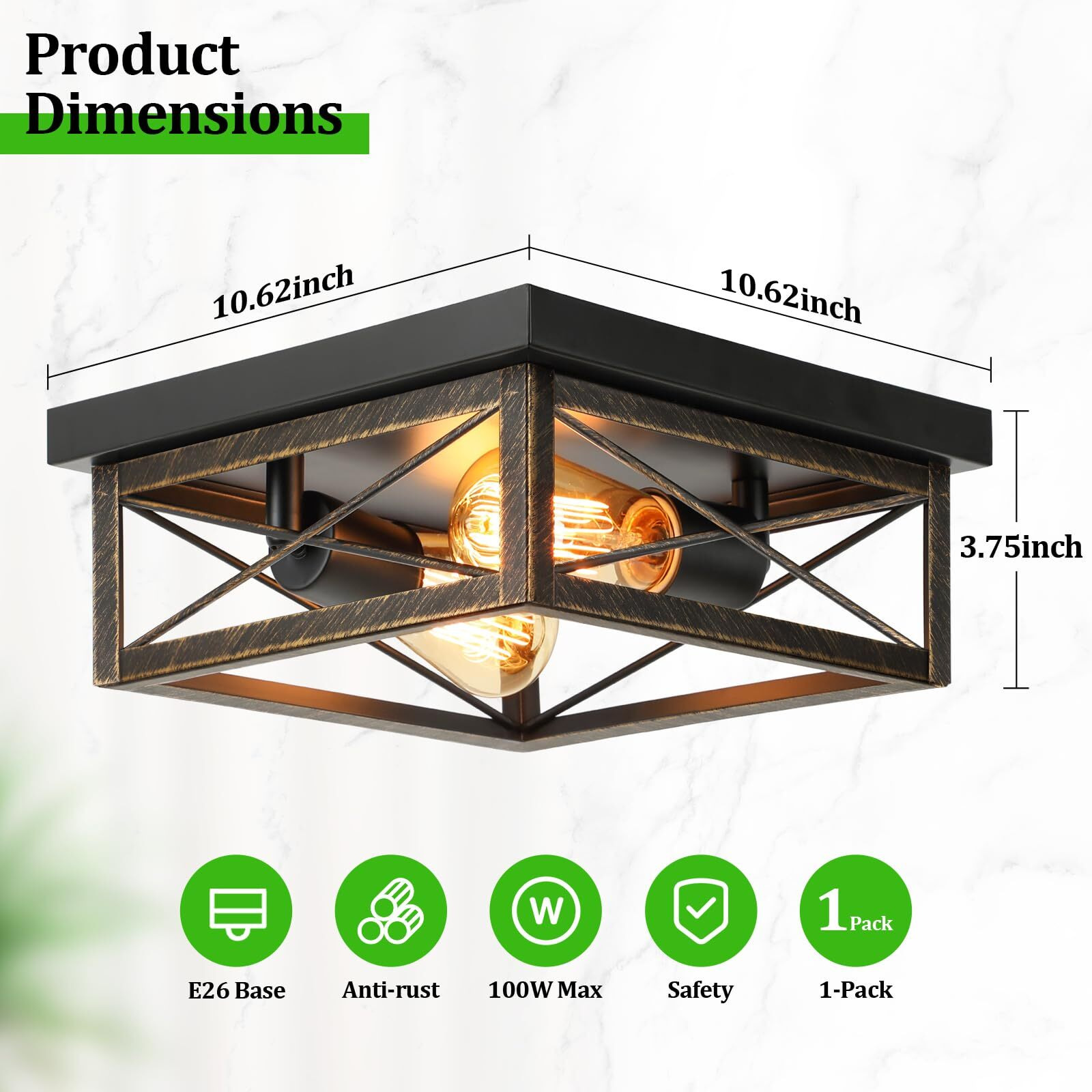 Oil Rubbed Bronze Hallway Light Fixture Ceiling, 2-Light Farmhouse Industrial Flush Mount Ceiling Lamp, 1-Pack Metal Kitchen Light Fixture, Close To Ceiling Lamp For Bedroom Living Room Entryway