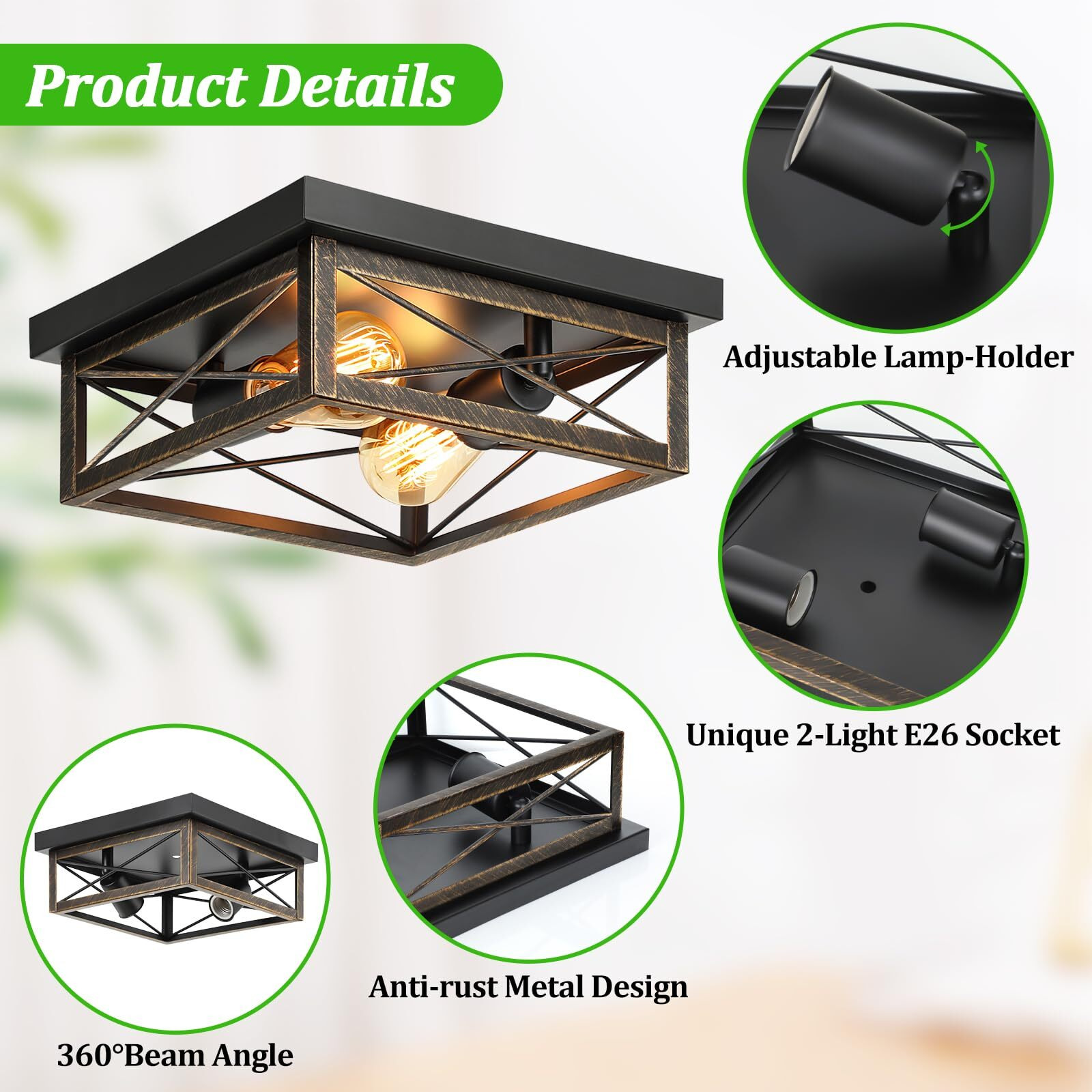 Oil Rubbed Bronze Hallway Light Fixture Ceiling, 2-Light Farmhouse Industrial Flush Mount Ceiling Lamp, 1-Pack Metal Kitchen Light Fixture, Close To Ceiling Lamp For Bedroom Living Room Entryway