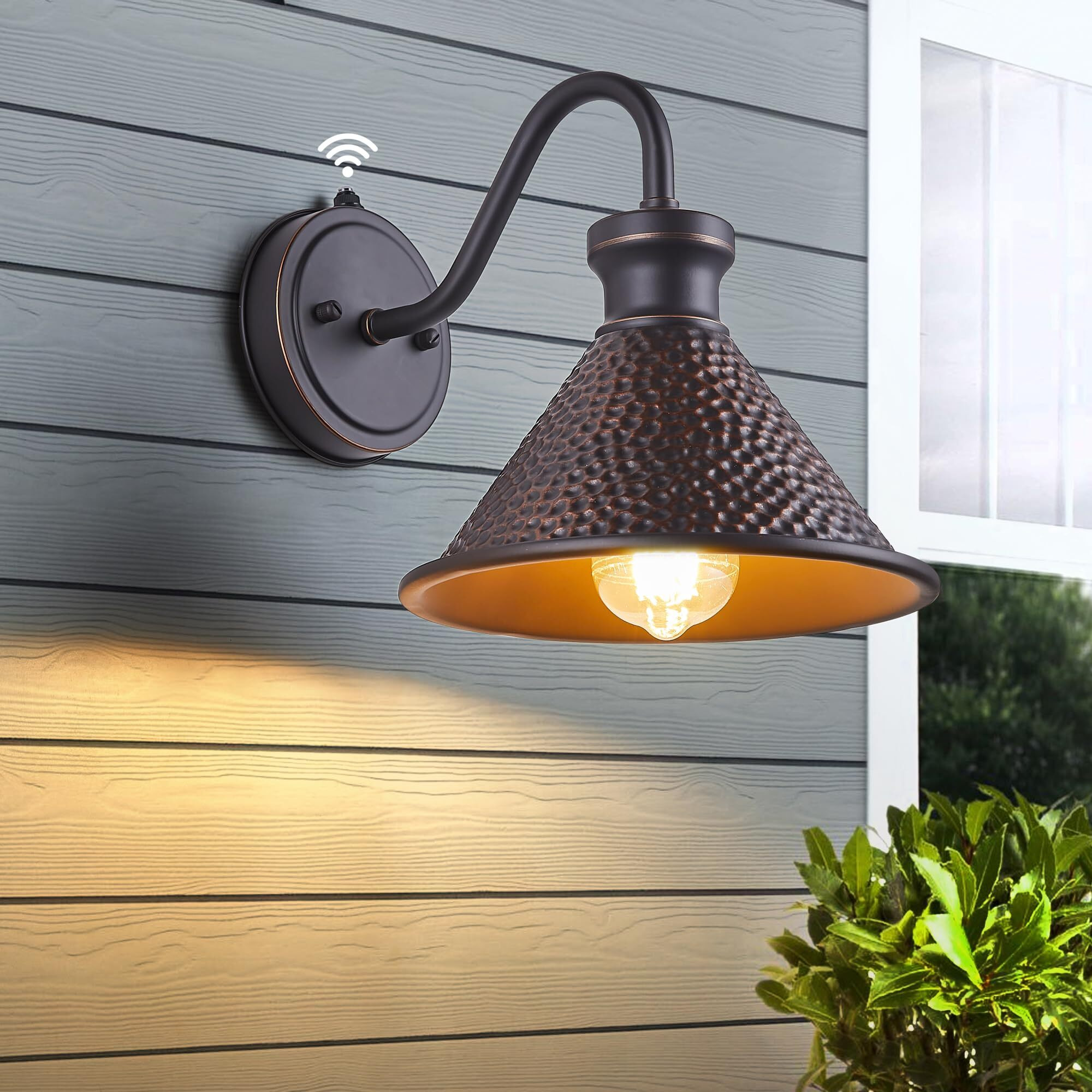 Tarentlight Dusk To Dawn Outdoor Gooseneck Wall Sconce With Dark Sky Cast Hammered Aluminum Shade In Oil Rubbed Bronze Finish,Anti-Rust Waterproof Outdoor Light For Farmhouse Porch Garage,1-Light E26
