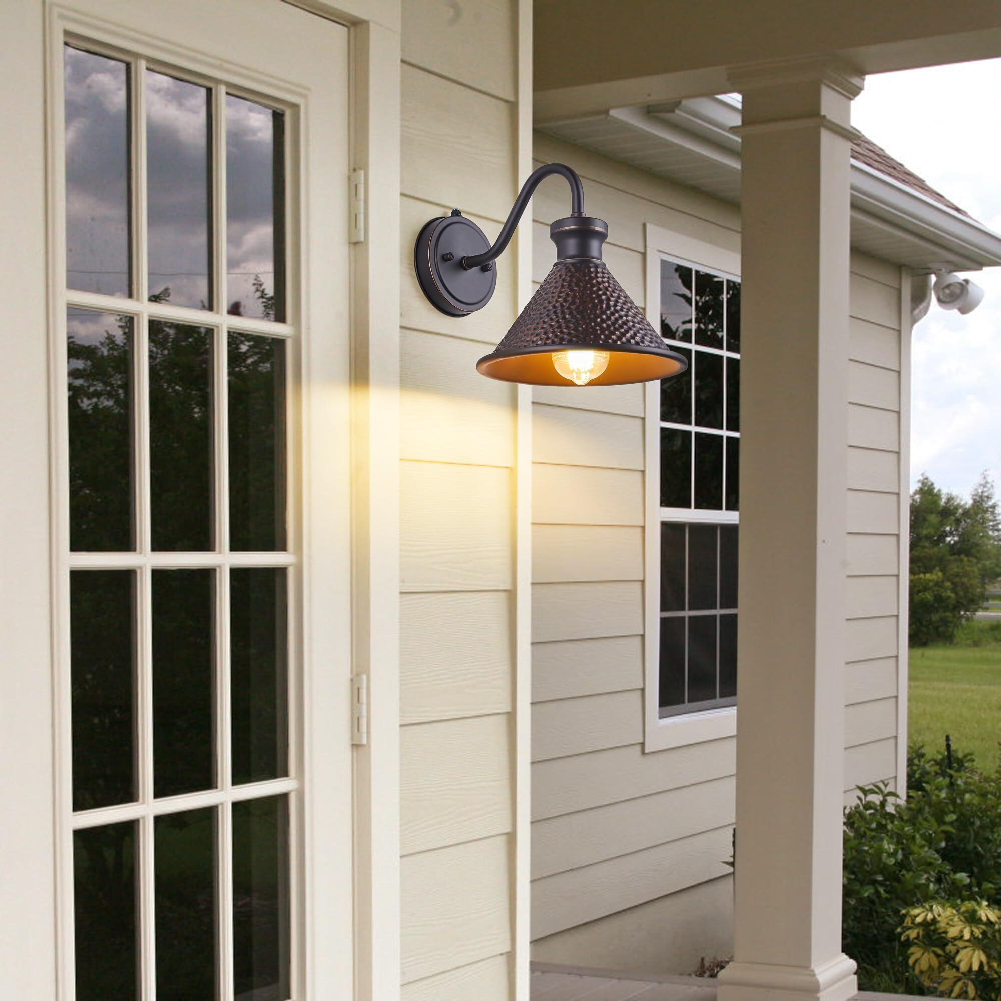 Tarentlight Dusk To Dawn Outdoor Gooseneck Wall Sconce With Dark Sky Cast Hammered Aluminum Shade In Oil Rubbed Bronze Finish,Anti-Rust Waterproof Outdoor Light For Farmhouse Porch Garage,1-Light E26