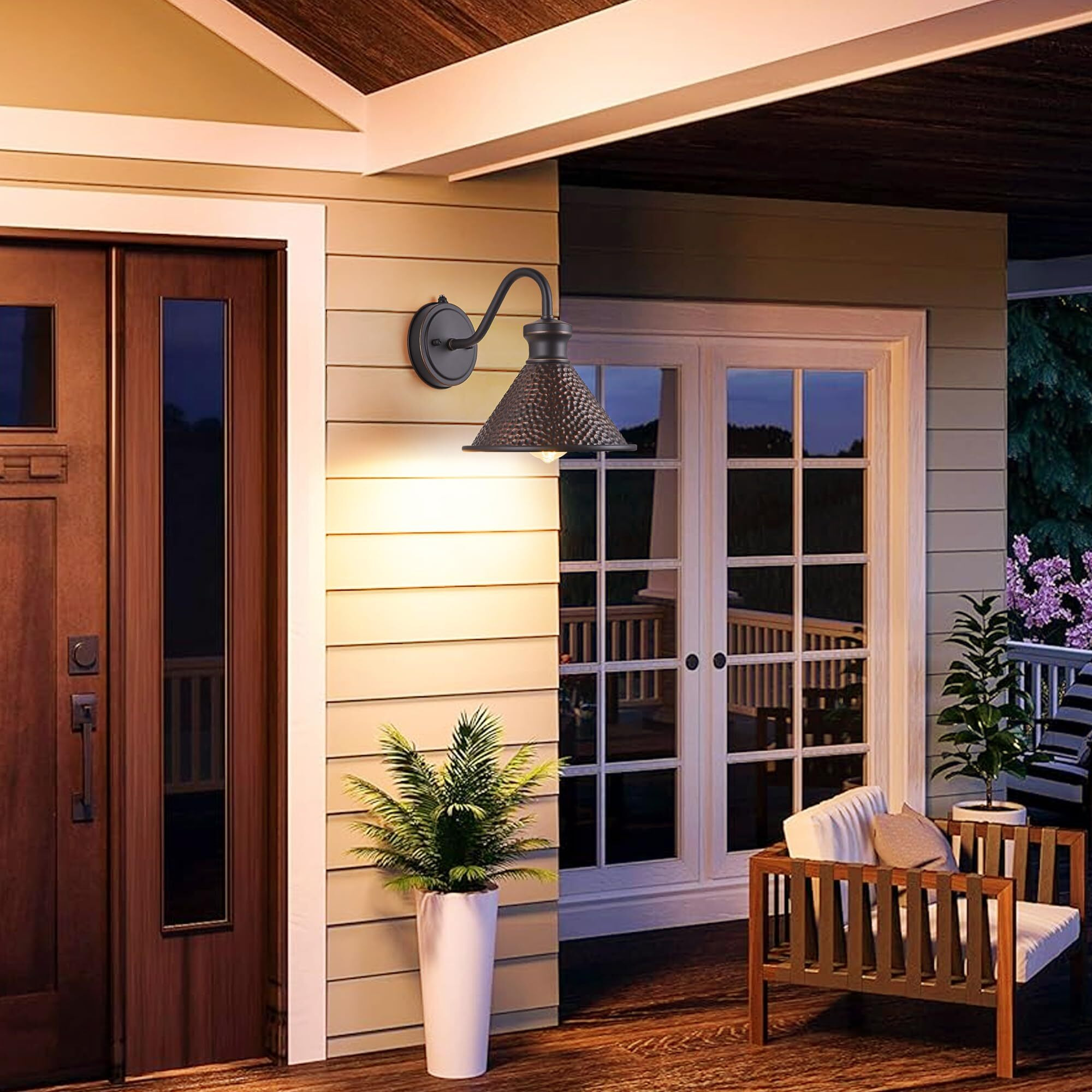 Tarentlight Dusk To Dawn Outdoor Gooseneck Wall Sconce With Dark Sky Cast Hammered Aluminum Shade In Oil Rubbed Bronze Finish,Anti-Rust Waterproof Outdoor Light For Farmhouse Porch Garage,1-Light E26
