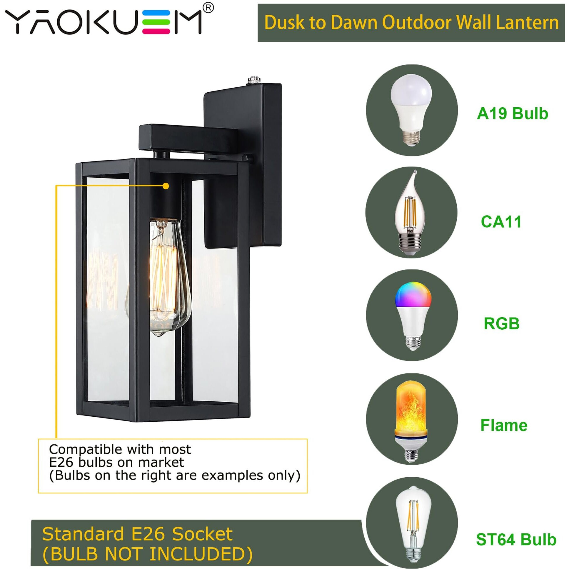 Yaokuem Dusk To Dawn Outdoor Wall Lantern, Photocell Sensor Wall Sconce As Porch Lighting Fixture, E26 Medium Base, Metal Housing Plus Glass, Bulbs Not Included, Oil Rubbed Bronze Finish, 1-Pack