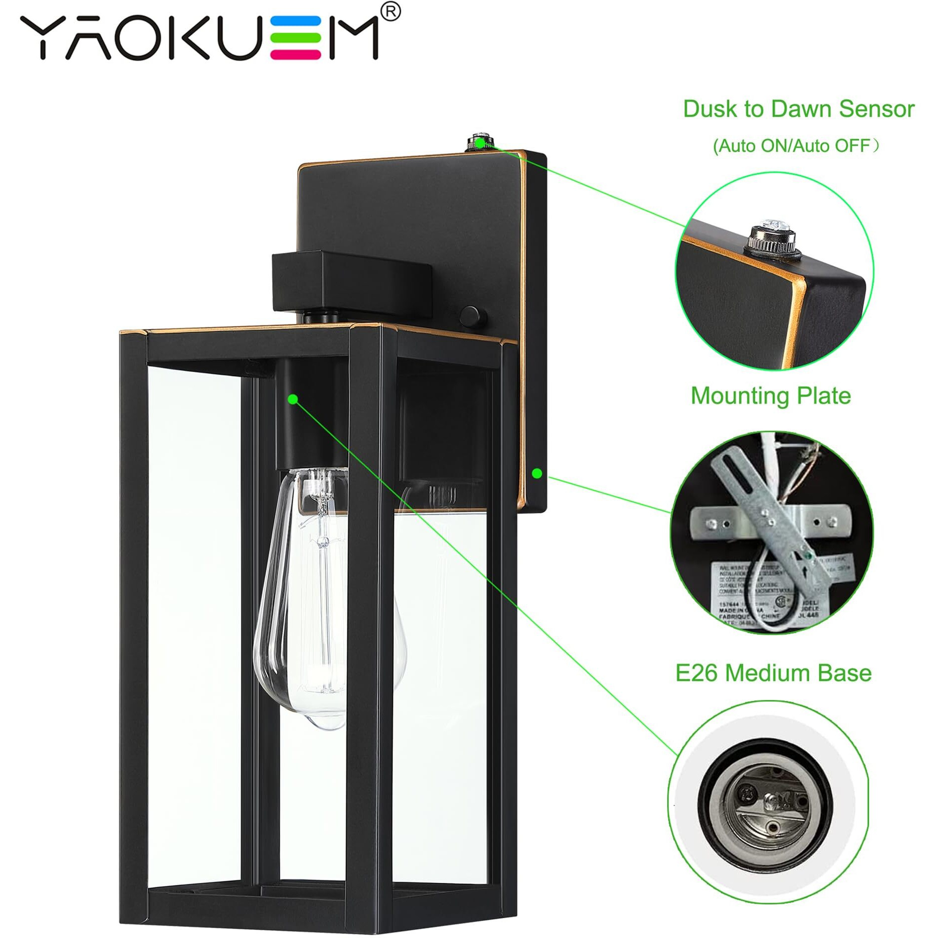 Yaokuem Dusk To Dawn Outdoor Wall Lantern, Photocell Sensor Wall Sconce As Porch Lighting Fixture, E26 Medium Base, Metal Housing Plus Glass, Bulbs Not Included, Oil Rubbed Bronze Finish, 1-Pack