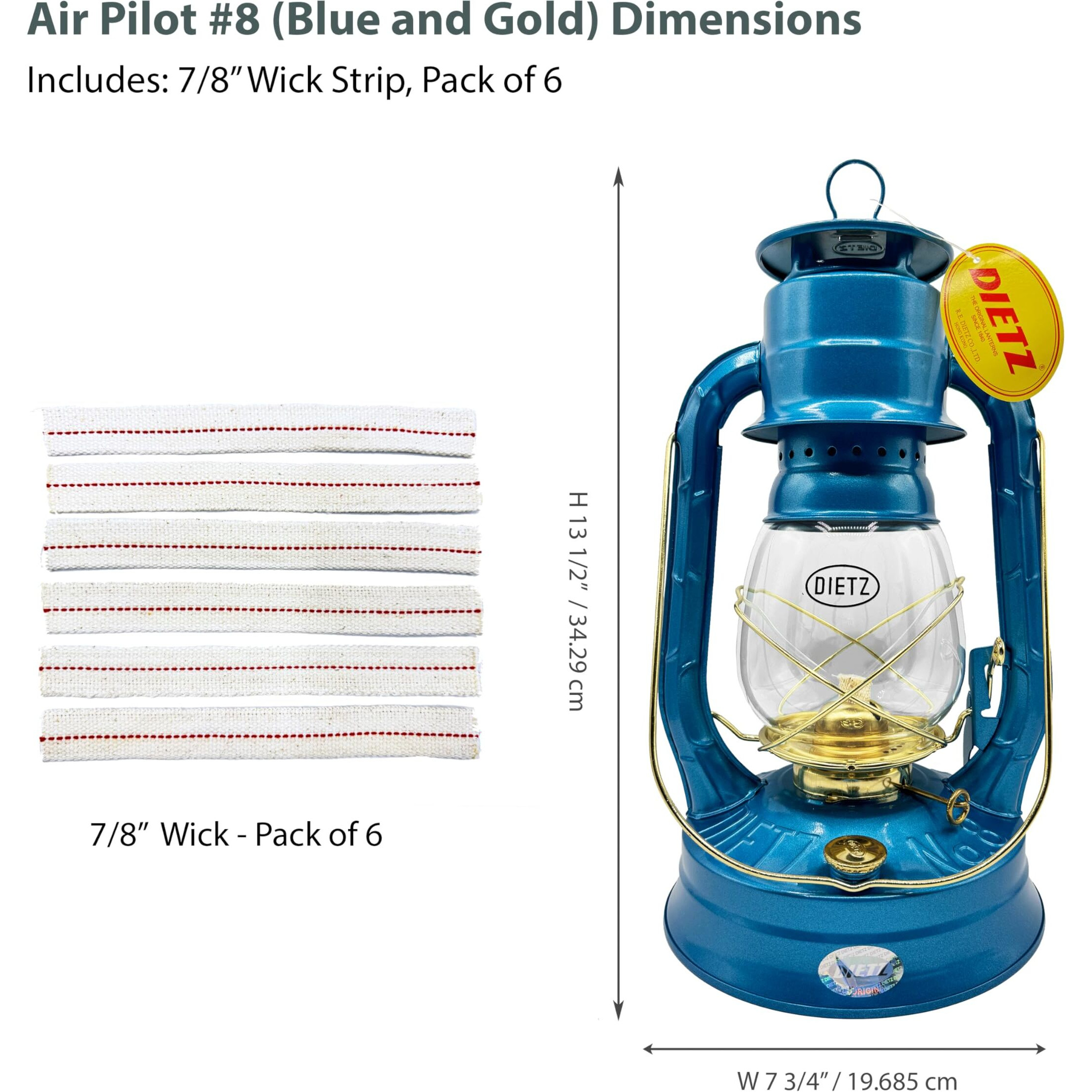 Light Of Mine - Dietz 08 Air Pilot Blue With Gold Trim Oil Lantern With 7/8"" Replacement Wick Strips (Blue With Gold Trim)