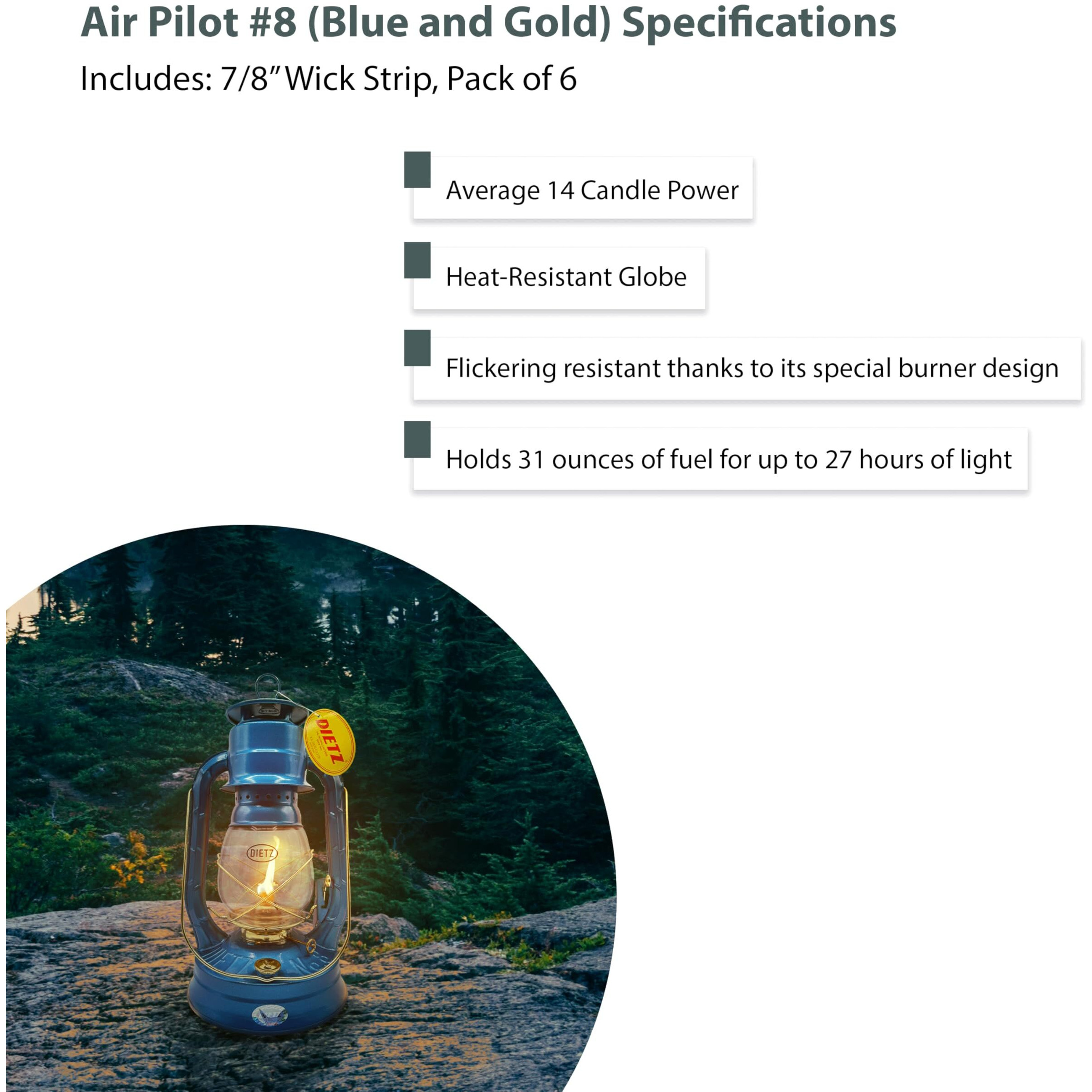 Light Of Mine - Dietz 08 Air Pilot Blue With Gold Trim Oil Lantern With 7/8"" Replacement Wick Strips (Blue With Gold Trim)
