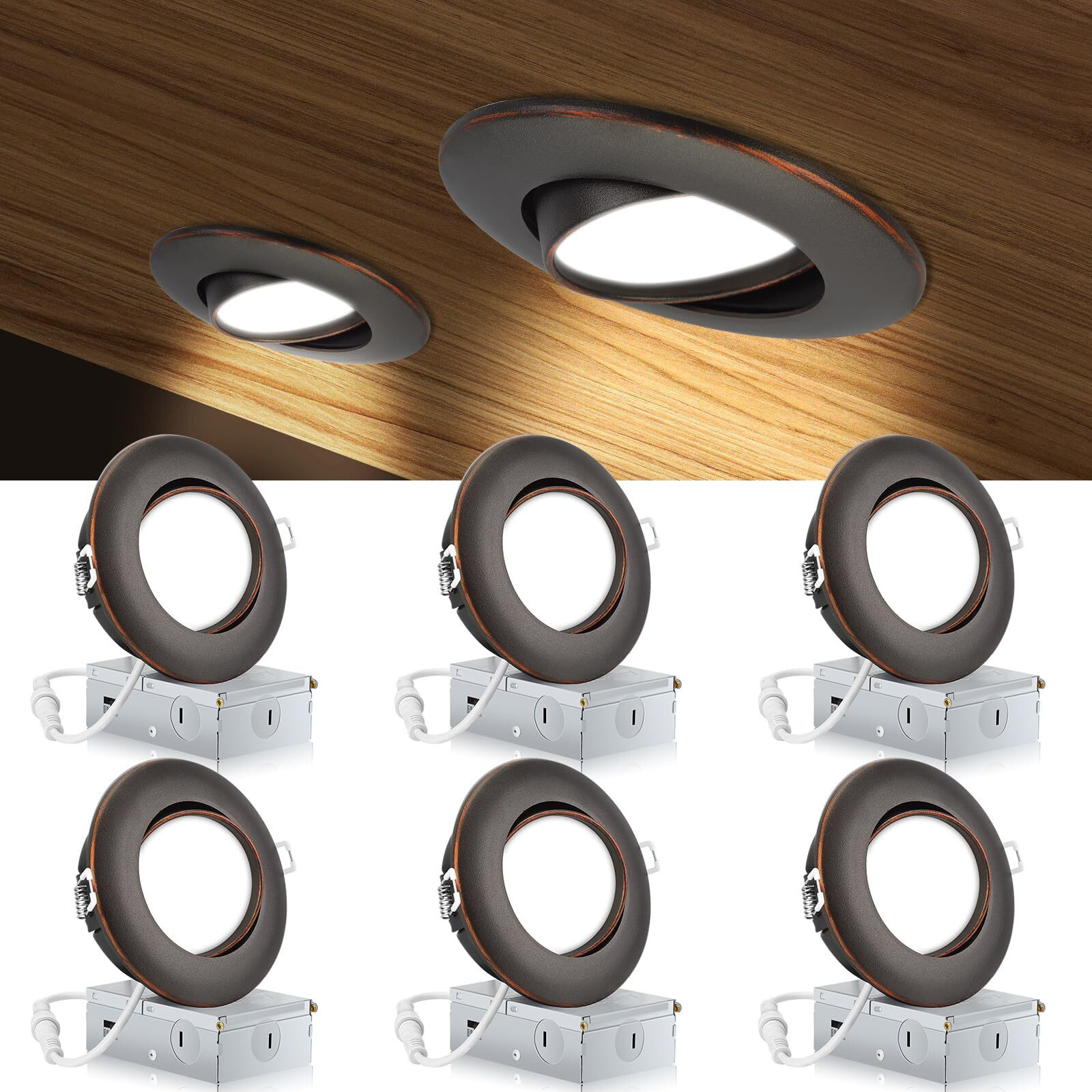 Knlnny Ware Oil Rubbed Bronze 4 Inch Led Recessed Lights 6 Pack,Ajustable Led Eyeball Gimbal Lights,4 Inch Ceiling Light With Junction Box,5Cct Selectable,9W 750Lm,Dimmable