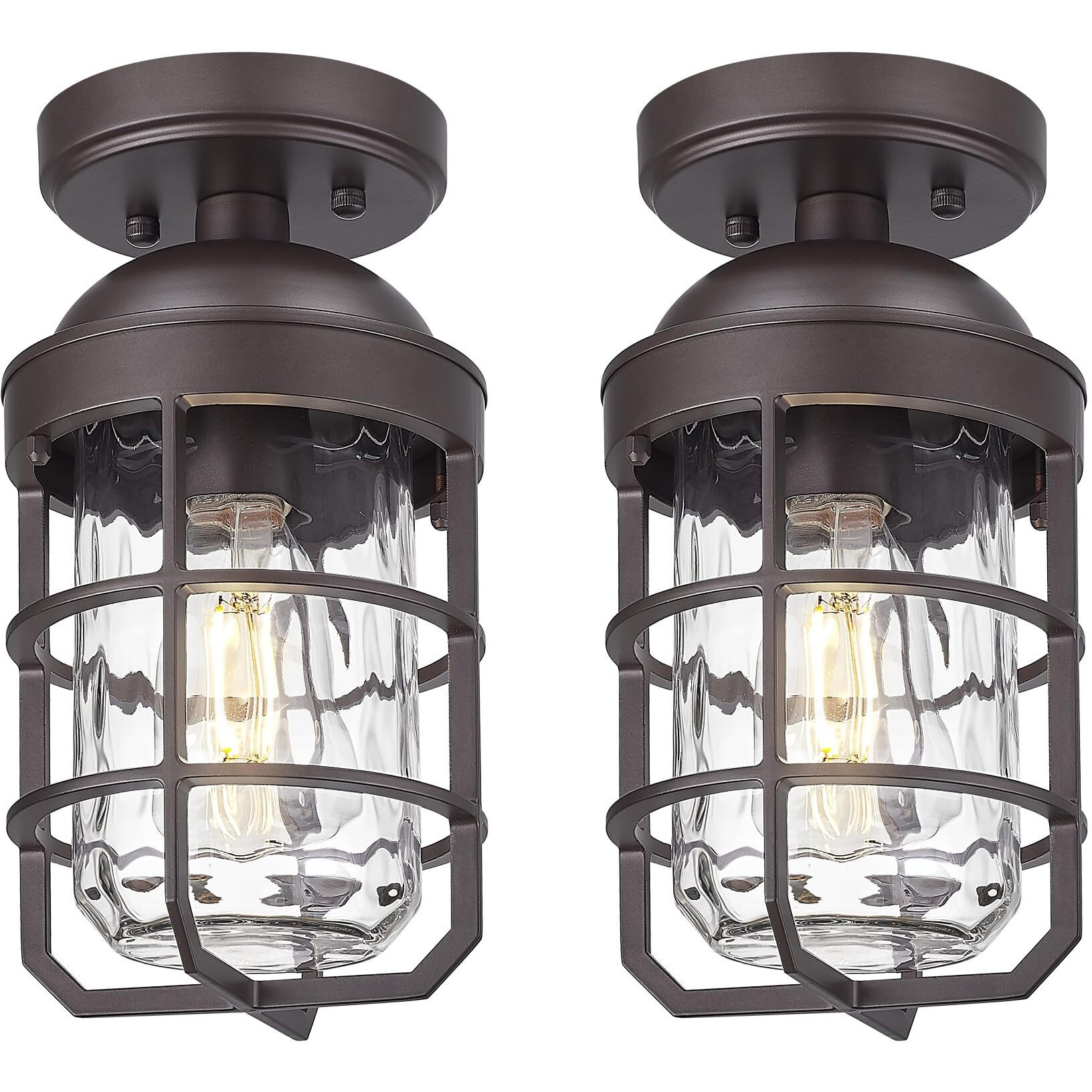 Emliviar Pack Of 2 Semi-Flush Mount Ceiling Lights With Water Ripple Glass Shade, Vintage Metal Ceiling Lamps In Oil Rubbed Bronze Finish, Ge255Lf-2Pk Orb-Wg