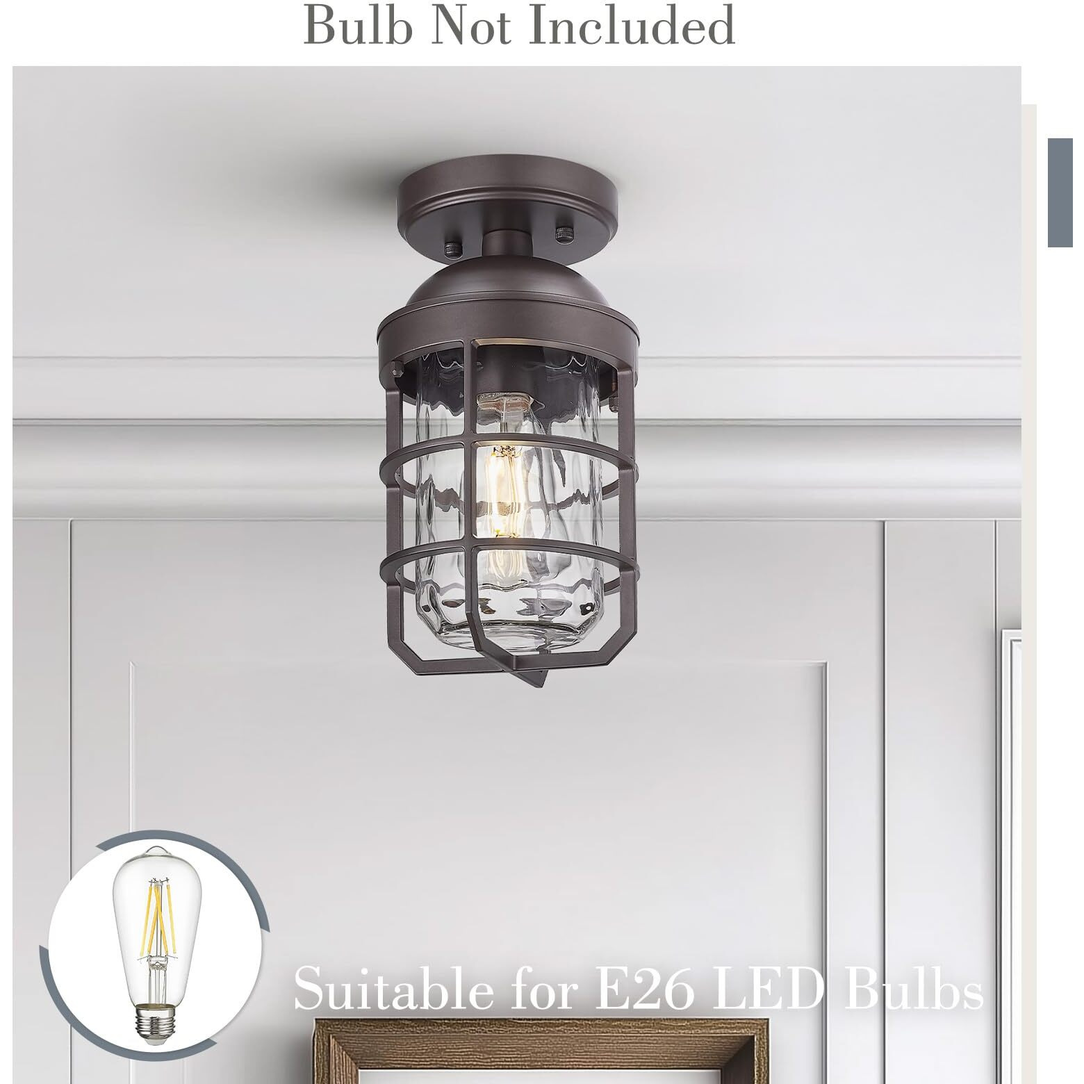 Emliviar Oil Rubbed Bronze Finish Light Fixture Ceiling Mount, Retro 11.1"" Semi Flush Lighting With Water Ripple Glass Shade, Ge255Lf Orb-Wg