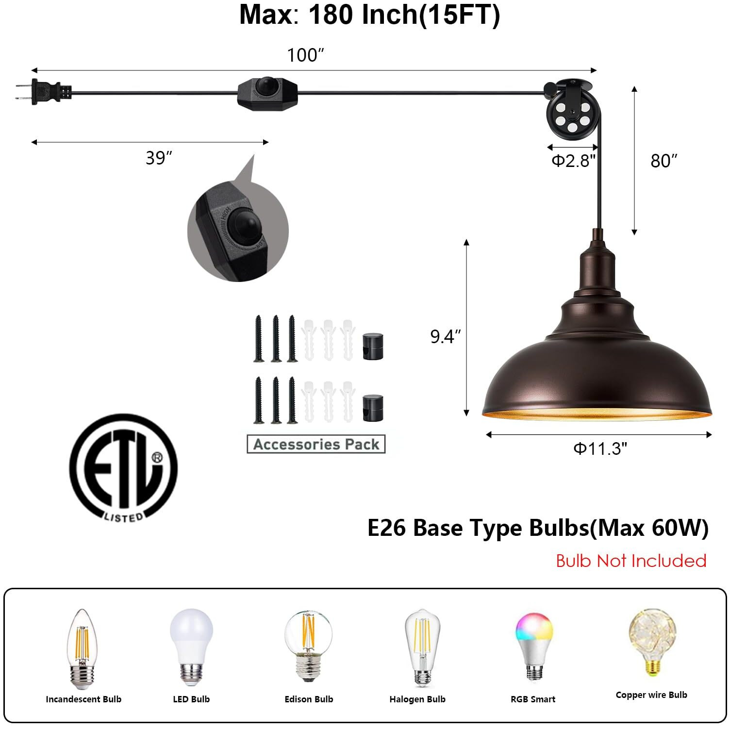 Alaislyc Oil Rubbed Bronze Pendant Light Hanging Lamps For Living Room Plug In 15Ft Dimmable Switch Adjustable Pulley Hanging Lights With Cord For Kitchen Bedroom 2 Pack