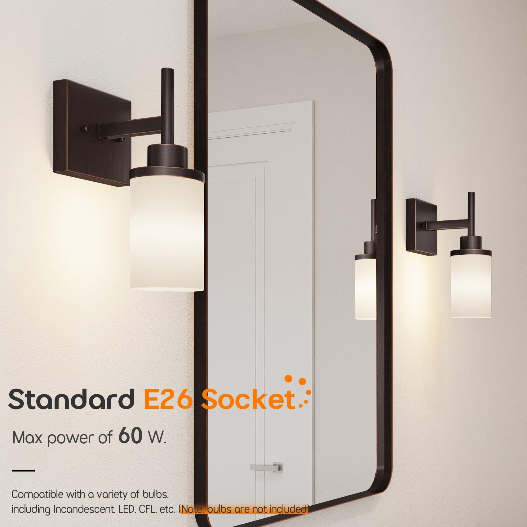 Aoneon Wall Lights Over Mirror Bathroom Vanity Light Fixtures With White Frosted Glass Shade, Wall Sconces For Porch, 2 Pack Oil Rubbed Bronze T001Orb-L1-P2