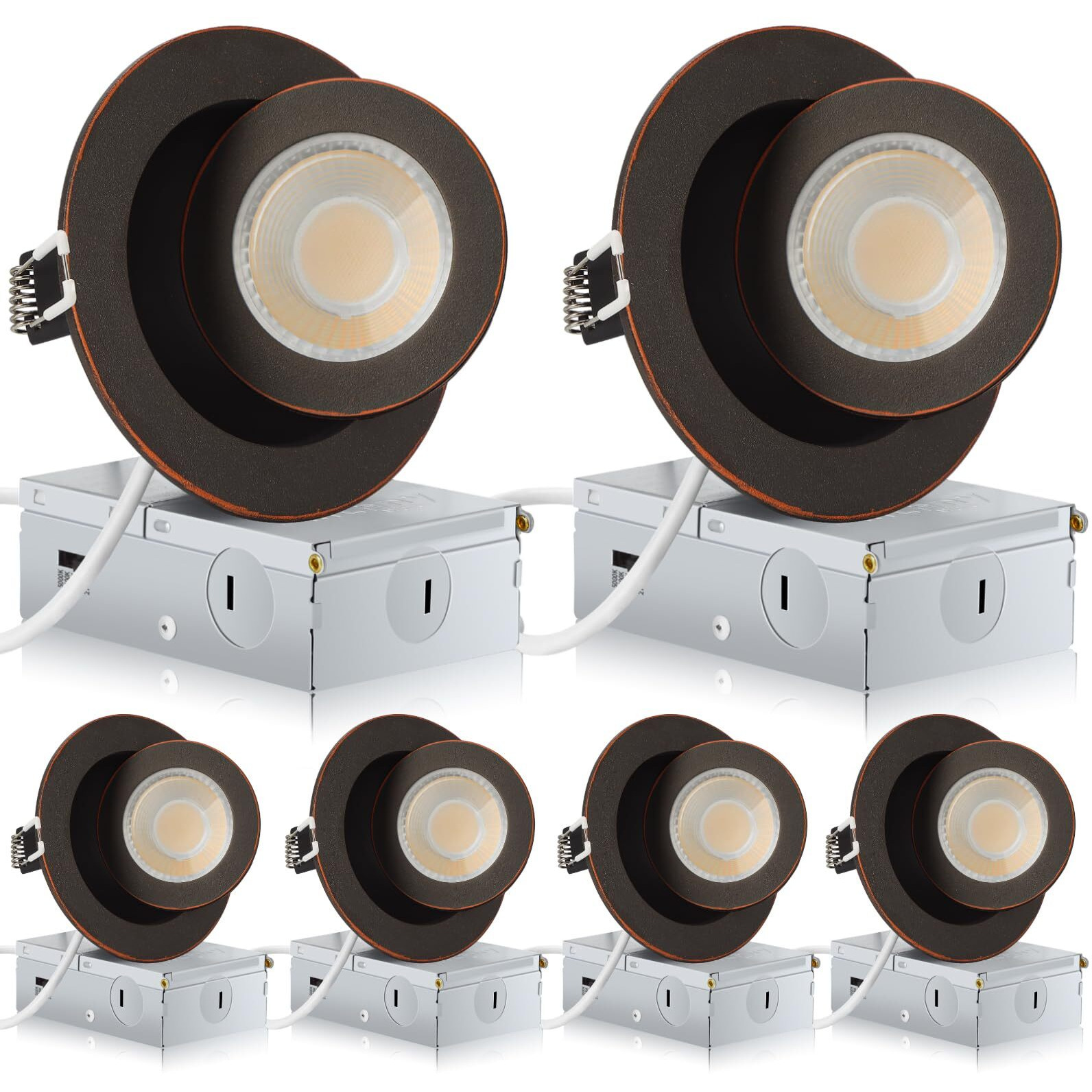 Knlnny Ware Oil Rubbed Bronze Recessed Lighting 4 Inch 6 Pack, Ajustable Eyeball Recessed Light With Junction Box,5 Color Selectable,Airtight,9W 750Lm,Dimmable,Bronze