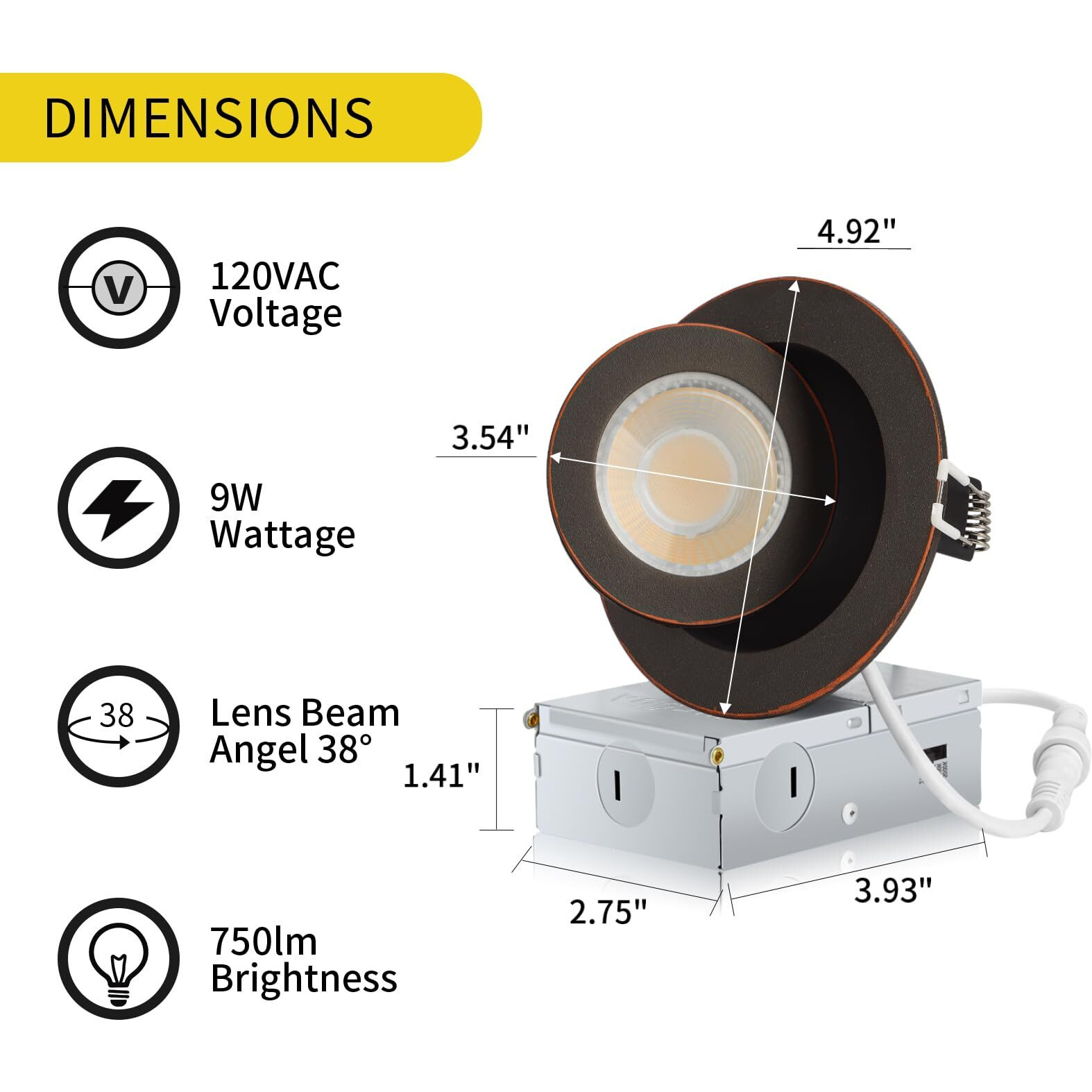 Knlnny Ware Oil Rubbed Bronze Recessed Lighting 4 Inch 6 Pack, Ajustable Eyeball Recessed Light With Junction Box,5 Color Selectable,Airtight,9W 750Lm,Dimmable,Bronze