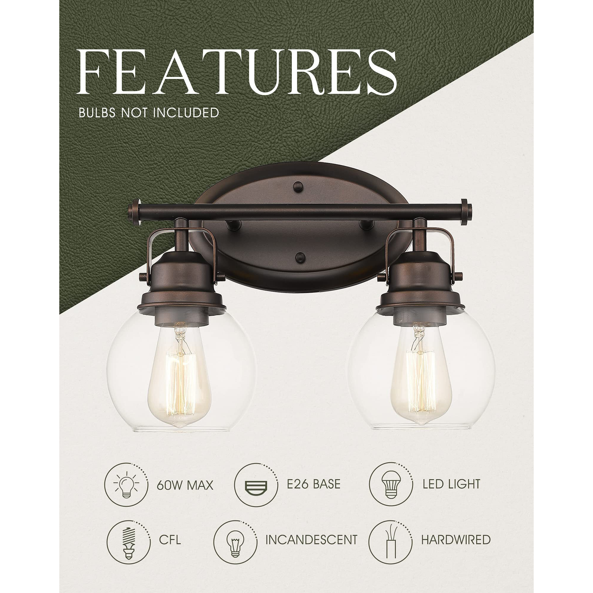 Audickic Farmhouse Vintage Bathroom Vanity Light, 2-Light Wall Mount Lighting Sconce Over Mirror, Oil Rubbed Bronze Finish And Clear Glass, Ad-2147-2W