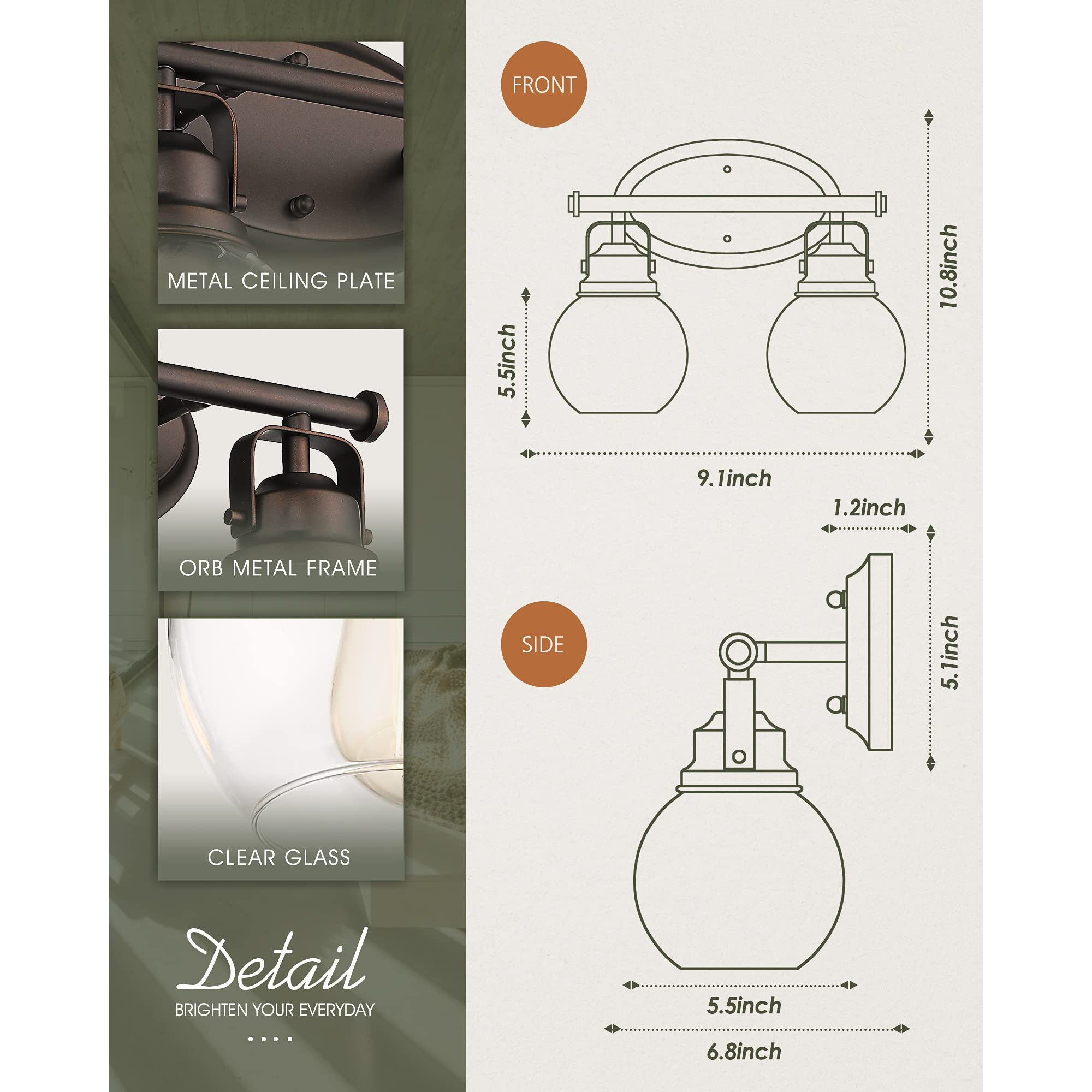 Audickic Farmhouse Vintage Bathroom Vanity Light, 2-Light Wall Mount Lighting Sconce Over Mirror, Oil Rubbed Bronze Finish And Clear Glass, Ad-2147-2W