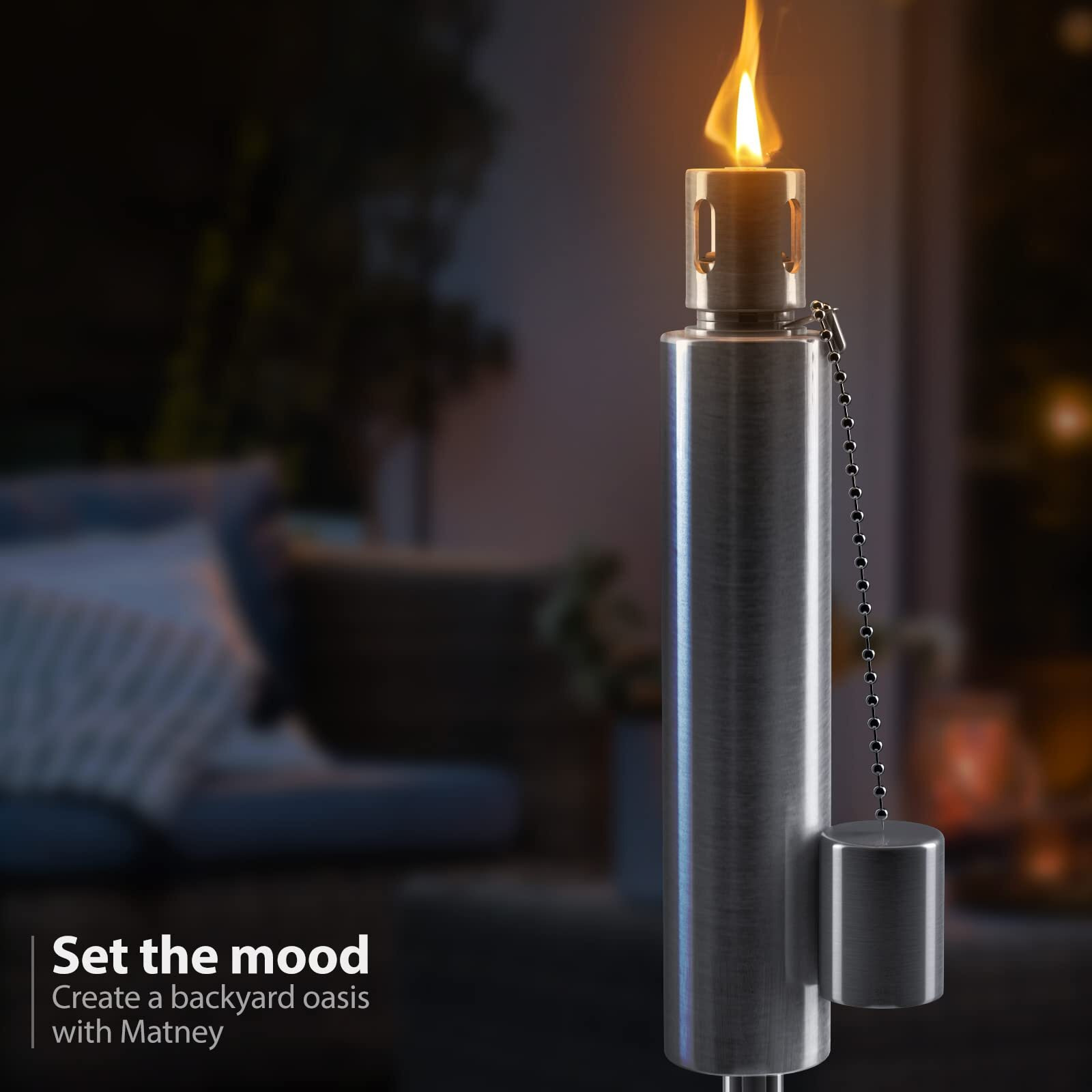 Matney Stainless Steel Outdoor Torches - Decorative Garden & Yard Lights - 5 Ft Oil Lamp For Citronella - Fiberglass Wick & Snuffer Cap - Set Of 2 (Barrel)