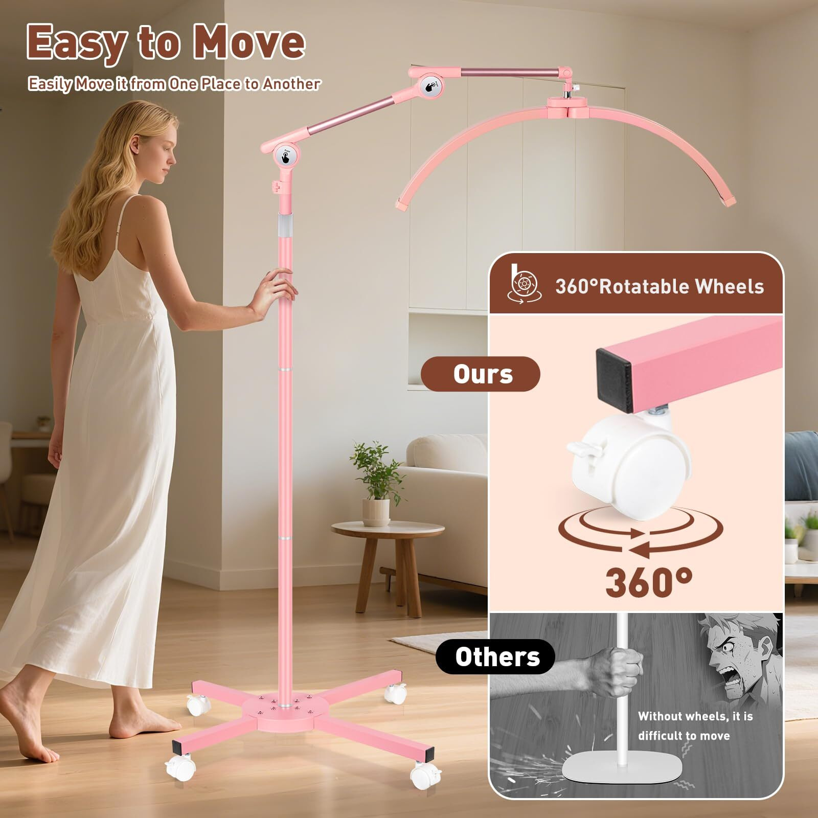 Hitti Half Moon Light For Eyelash Extensions Tattoo Artists, 2025 New Upgrad Led Lash Tech Light With 4 Wheel Rolling Base, Large Floor Lamp 5 Color Modes Stepless Dimming & Phone Holder-Pink