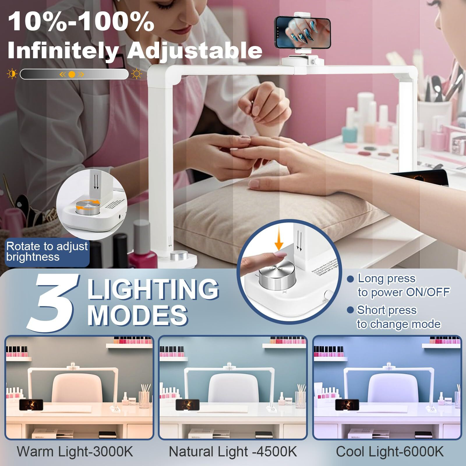 Cgbe Nail Table Light 33.5"" Nail Desk Light With Phone Holder - 456 Led 3 Light Colors &10 Brightness Levels Half Moon Table Light For Manicure/Lash Extension/Tattoo/Beauty (White)