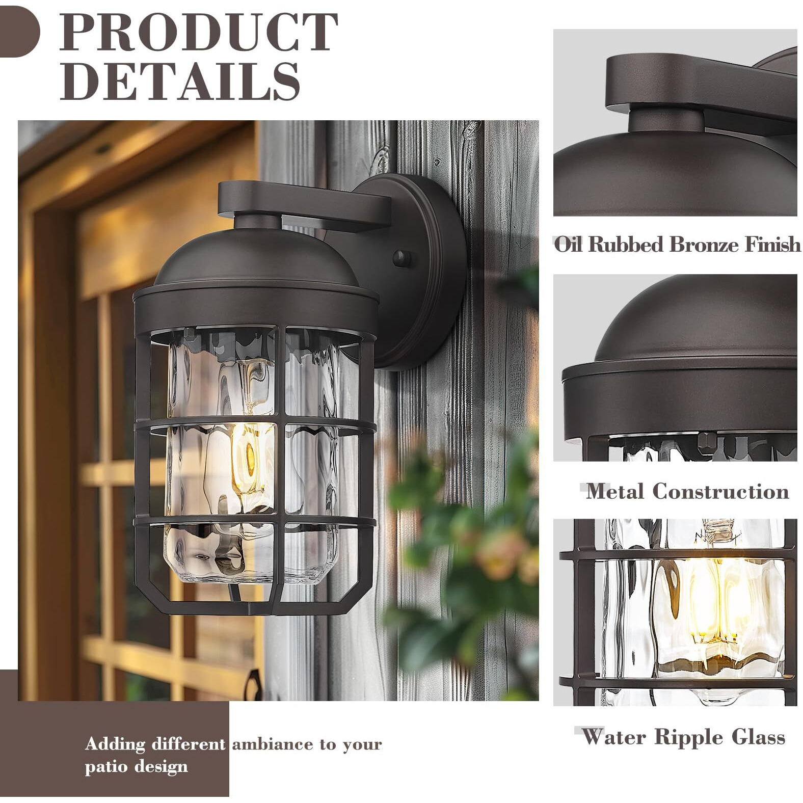 Emliviar Retro Wall Lamp Wall Mounted For House, Medium 1-Light Exterior Wall Lighting With Metal Cage, Oil Rubbed Bronze With Water Ripple Glass Shade, Ge255Bl Orb-Wg