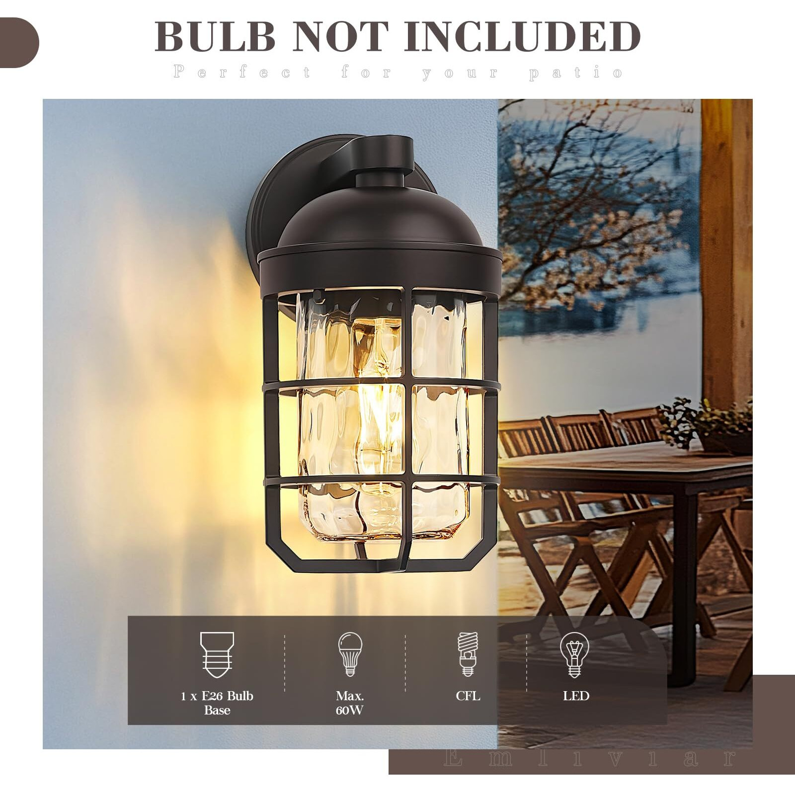 Emliviar Retro Wall Lamp Wall Mounted For House, Medium 1-Light Exterior Wall Lighting With Metal Cage, Oil Rubbed Bronze With Water Ripple Glass Shade, Ge255Bl Orb-Wg