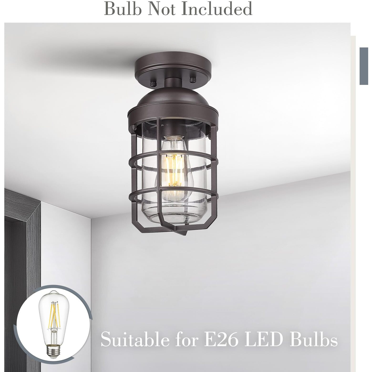 Emliviar Oil Rubbed Bronze Finish 11.1"" Semi Flush Light Fixture For Indoor, Farmhouse Semi Flush Mount Ceiling Light With Clear Tempered Glass Shade, Ge255Lf Orb