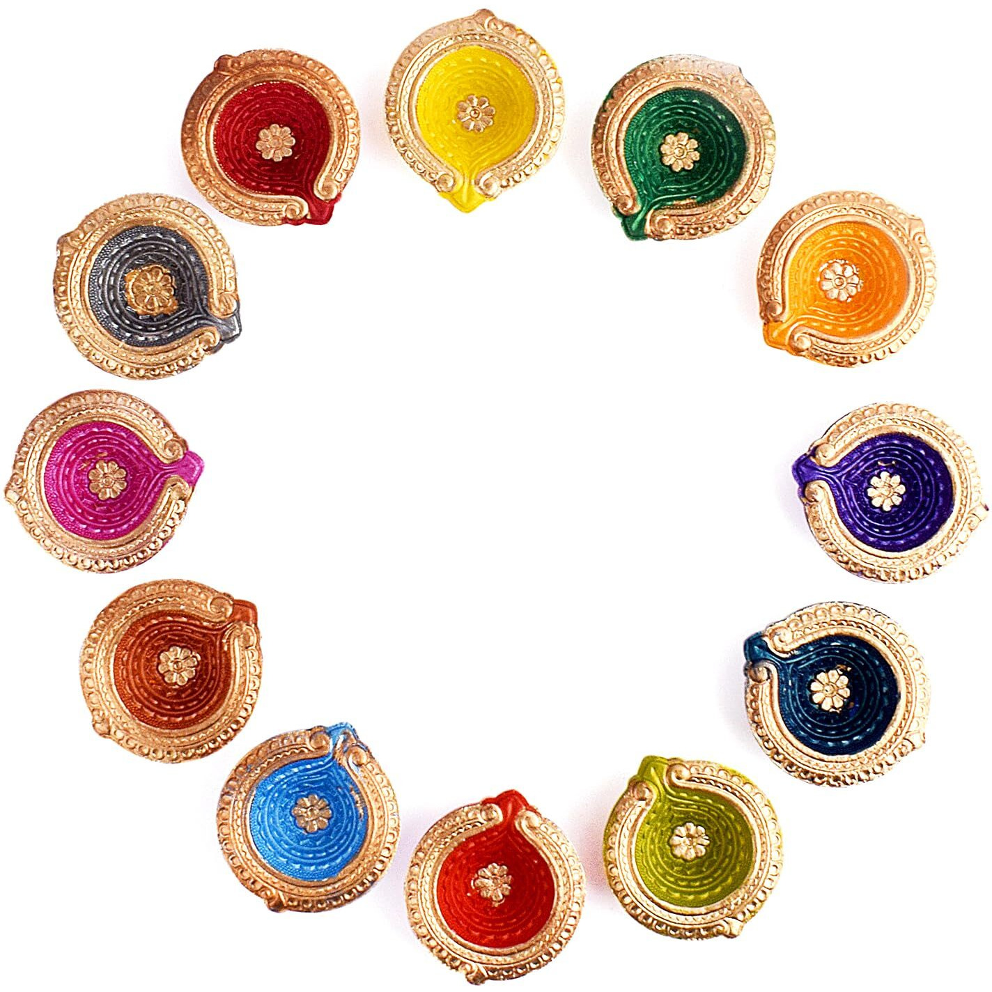 Satvik Set Of 12 Multicolored Diya With Assorted Shubh Labh Stickers L Handcrafted Clay Diyas For Diwali Celebration | Traditional Terracotta Oil Lamps