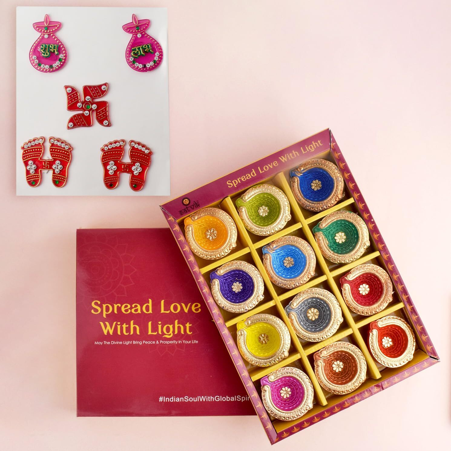 Satvik Set Of 12 Multicolored Diya With Assorted Shubh Labh Stickers L Handcrafted Clay Diyas For Diwali Celebration | Traditional Terracotta Oil Lamps