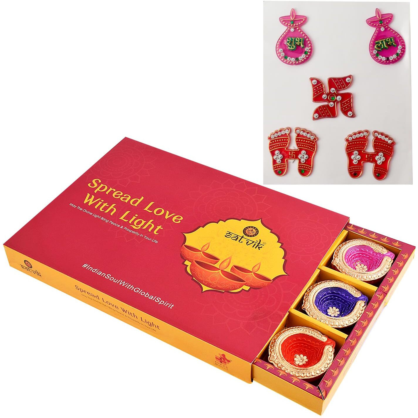 Satvik Set Of 12 Multicolored Diya With Assorted Shubh Labh Stickers L Handcrafted Clay Diyas For Diwali Celebration | Traditional Terracotta Oil Lamps