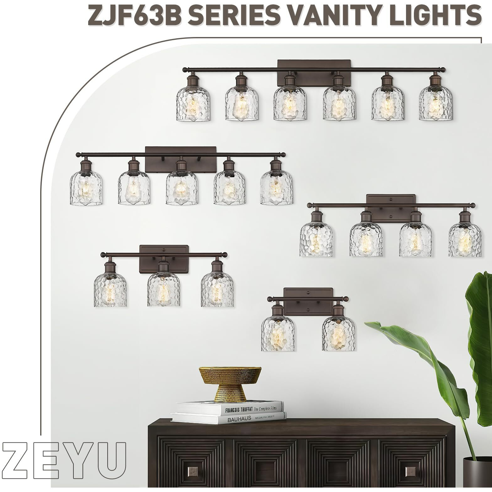 Zeyu 35 Inch Farmhouse Bathroom Lighting Fixture, 5-Light Bathroom Vanity Light, Oil Rubbed Bronze Finish With Clear Hammered Glass, Zjf63B-5W Orb