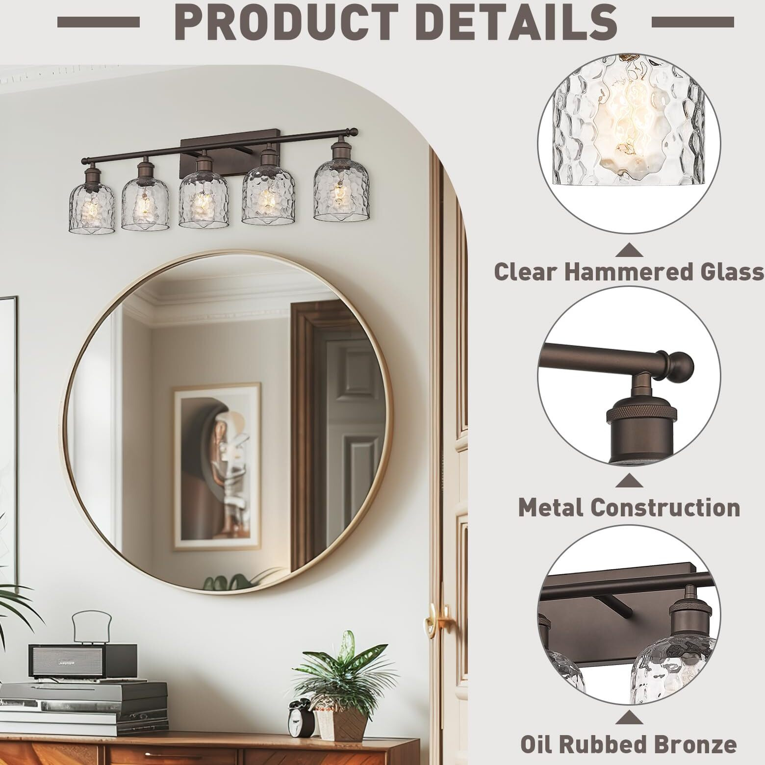 Zeyu 35 Inch Farmhouse Bathroom Lighting Fixture, 5-Light Bathroom Vanity Light, Oil Rubbed Bronze Finish With Clear Hammered Glass, Zjf63B-5W Orb