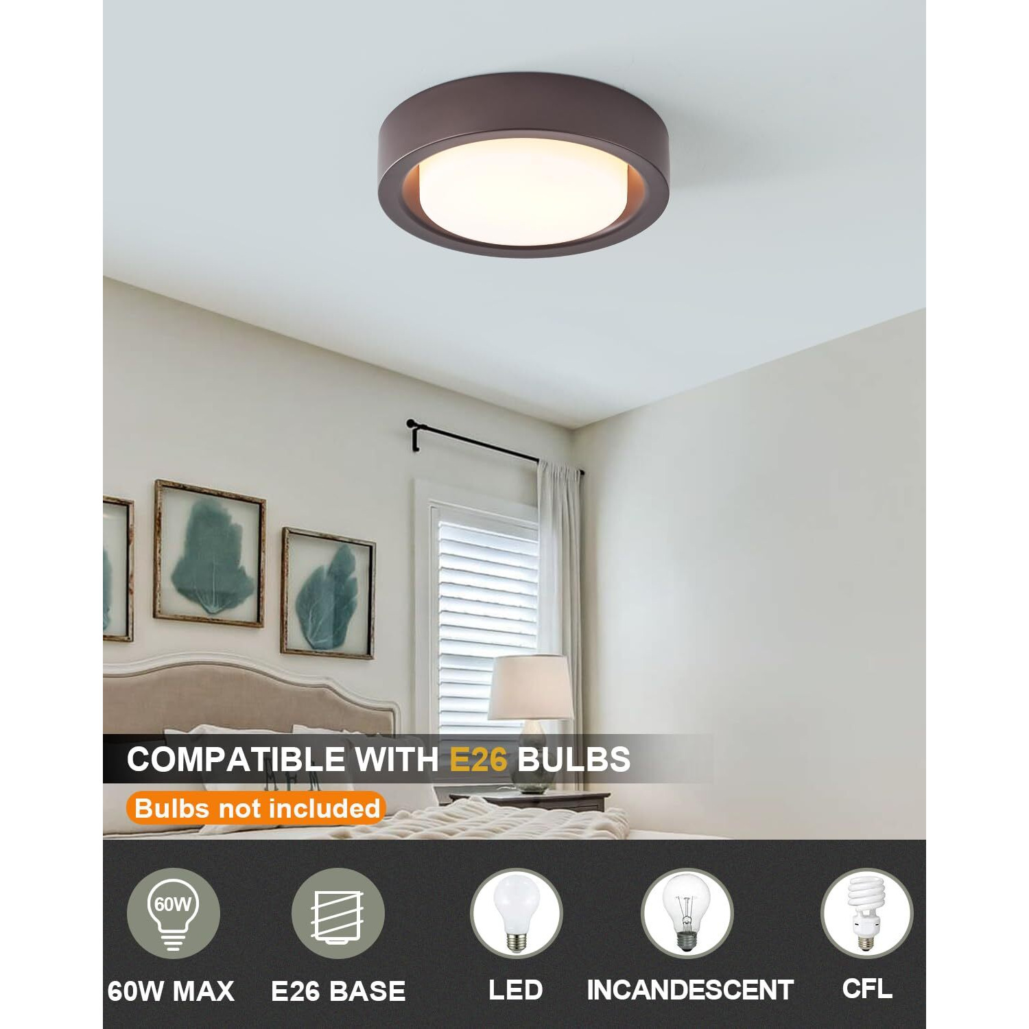 13 Inch Flush Mount Ceiling Light,Oil Rubbed Bronze Finish Plate With Frosted Glass Shade,Round Ceiling Lighting Fixture For Hallway Bedroom Closet Livingroom Kitchen Stairwell (Oil Rubbed Bronze)