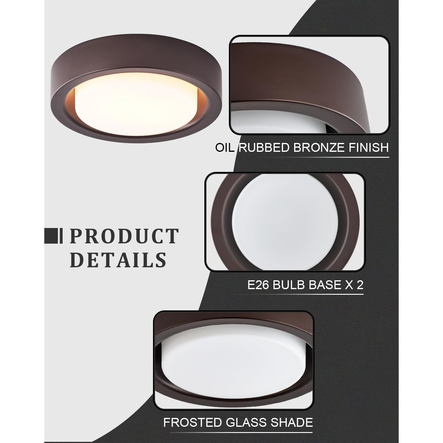 13 Inch Flush Mount Ceiling Light,Oil Rubbed Bronze Finish Plate With Frosted Glass Shade,Round Ceiling Lighting Fixture For Hallway Bedroom Closet Livingroom Kitchen Stairwell (Oil Rubbed Bronze)