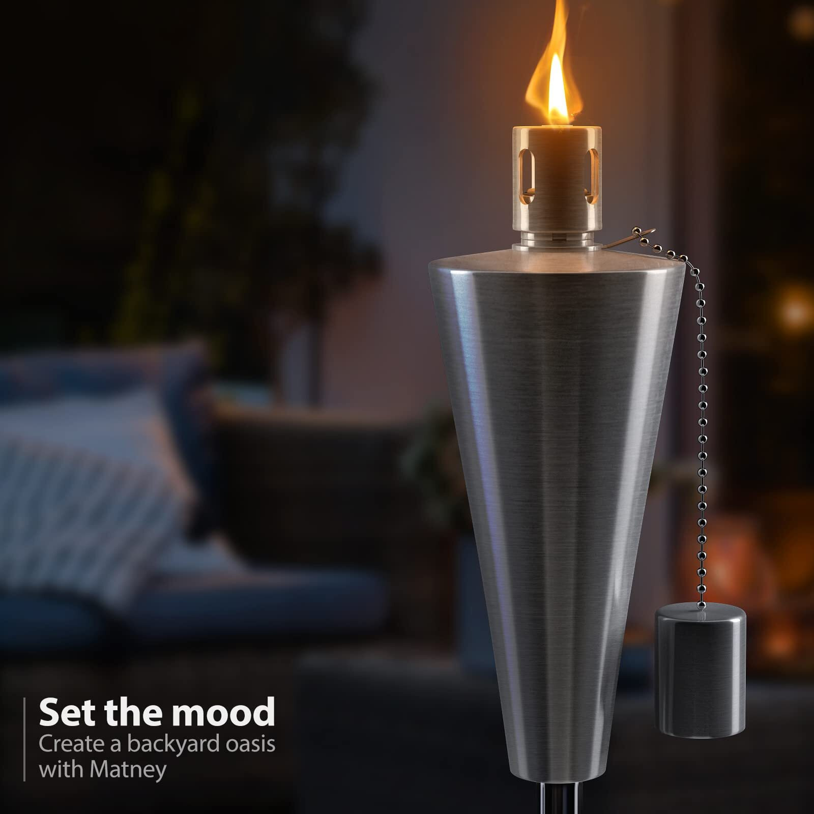 Matney Stainless Steel Tiki Torches For Outside - Outdoor Torches - Patio Garden & Yard Lights - 5 Ft Oil Lamp For Citronella - Fiberglass Wick & Snuffer Cap - Set Of 2 (Cone)