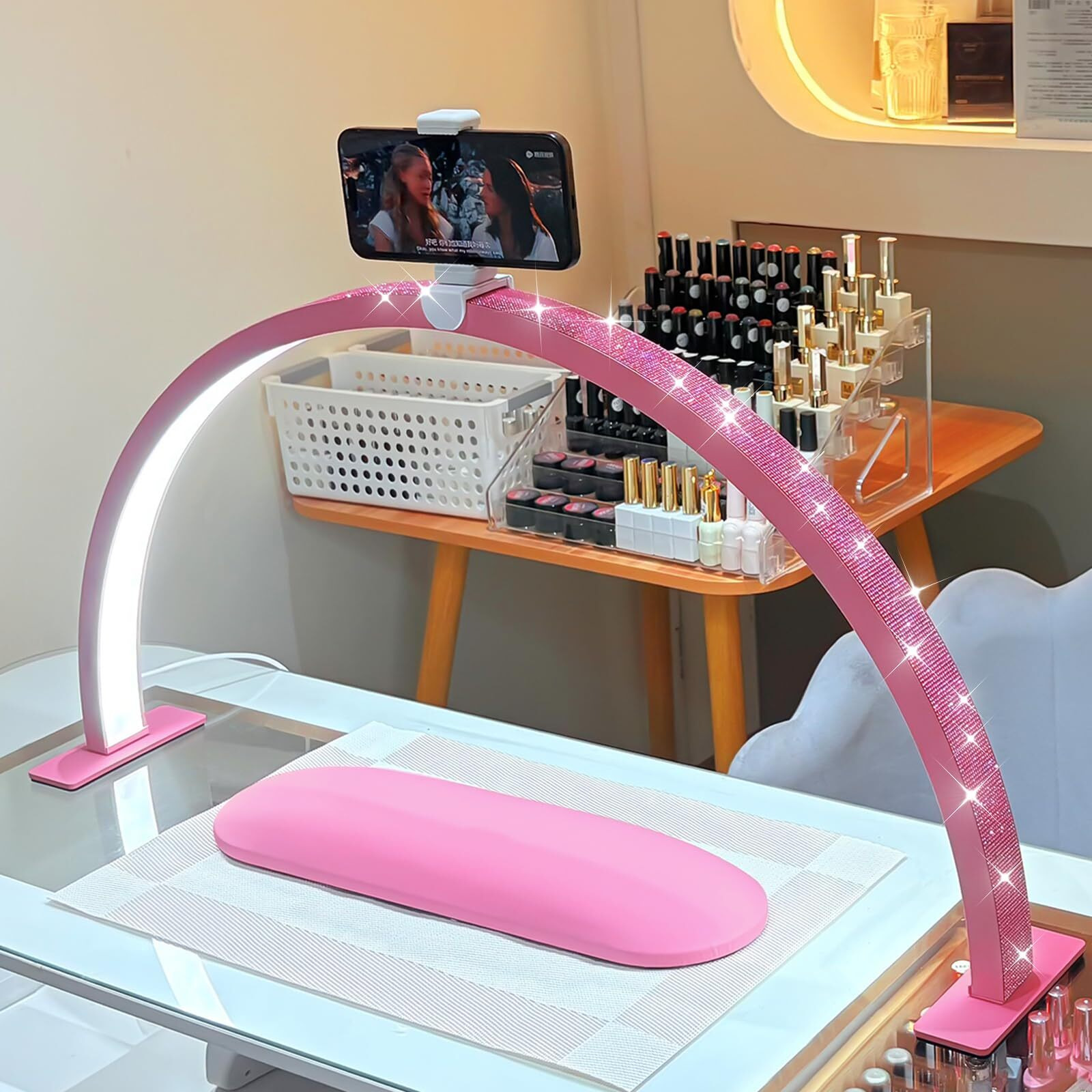 Ffkjdm Half Moon Light For Nail Desk - 29-Inch Led Nail Tech Lamp With Hands Pillow, Phone Holder,Dimmable Arch Design,48W Portable Manicure Light For Salon And Home Use(Pink-Pink Diamond)