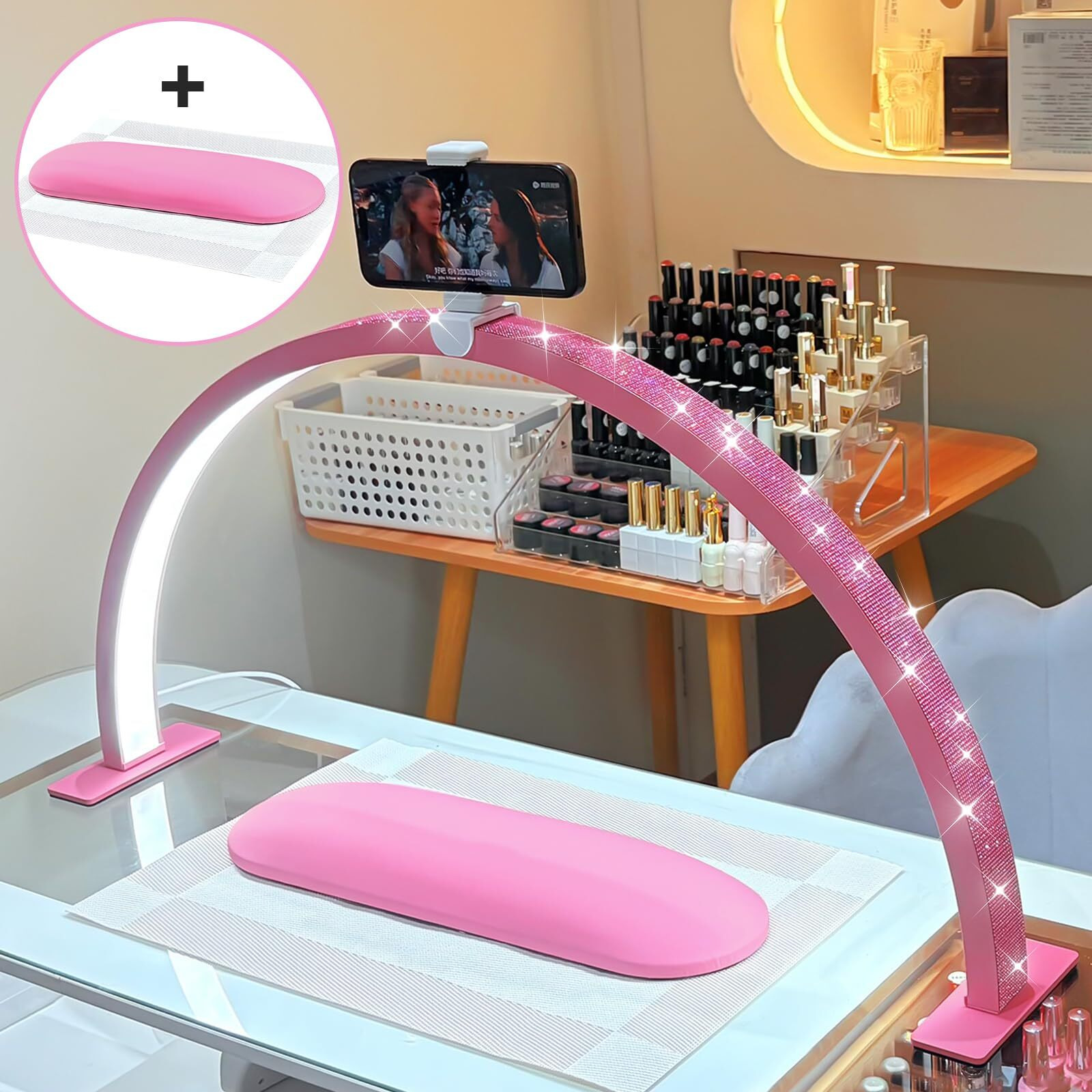 Ffkjdm Half Moon Light For Nail Desk - 29-Inch Led Nail Tech Lamp With Hands Pillow, Phone Holder,Dimmable Arch Design,48W Portable Manicure Light For Salon And Home Use(Pink-Pink Diamond)