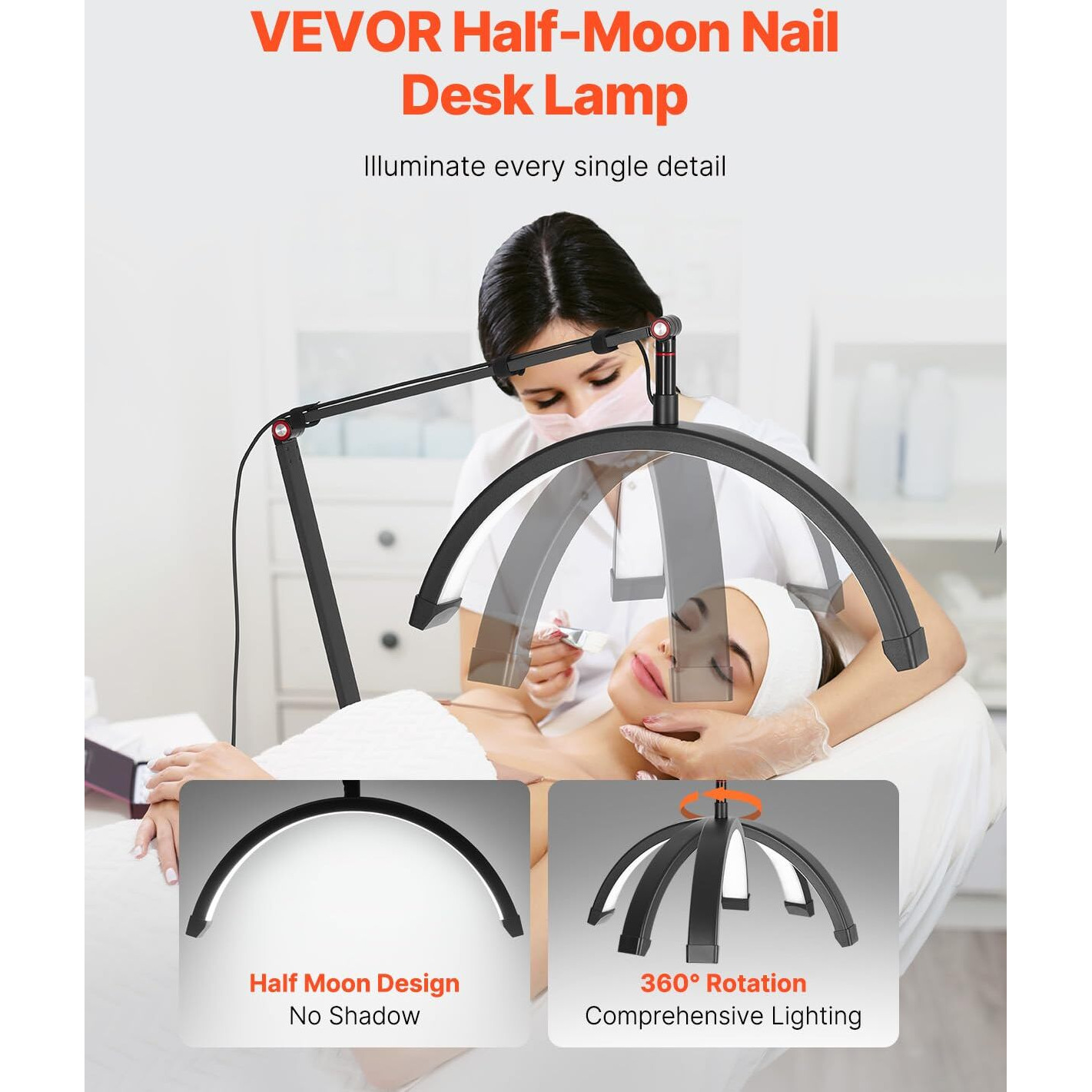 Vevor Nail Desk Light, 20 W Clip On Half Moon Lash Light With Phone Holder, Adjustable Brightness And Color Temperature, Arched Led Table Lamp For Nail Tech, Tattoo Artists, Beauty, Eyelash Extensions