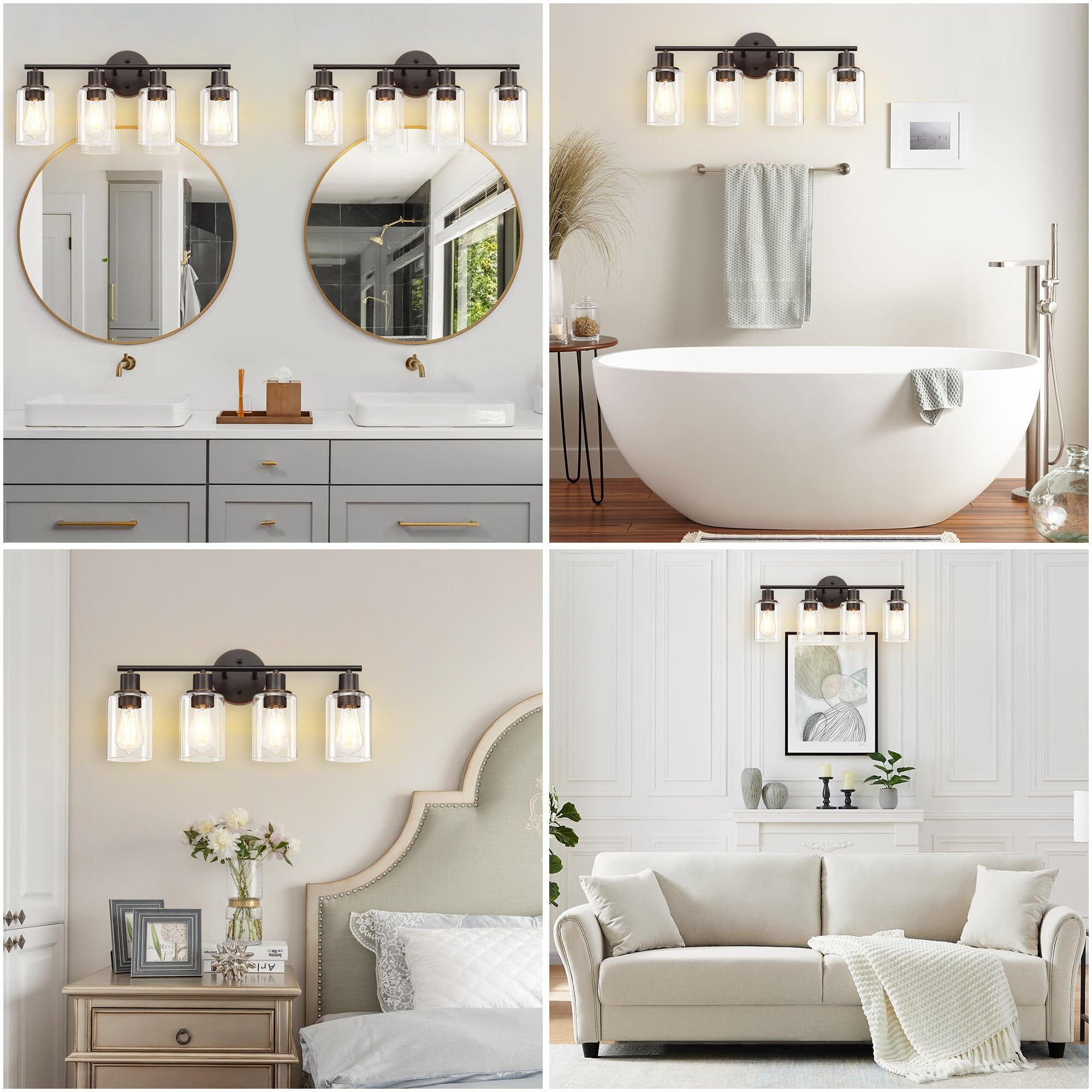 Pia Ricco Bathroom Vanity Light Fixtures, 4-Light Bathroom Wall Lights With Clear Glass Shades, Oil Rubbed Bronze Modern Wall Sconce Over Mirror, Bath Wall Sconces For Living Room Bedroom Hallway