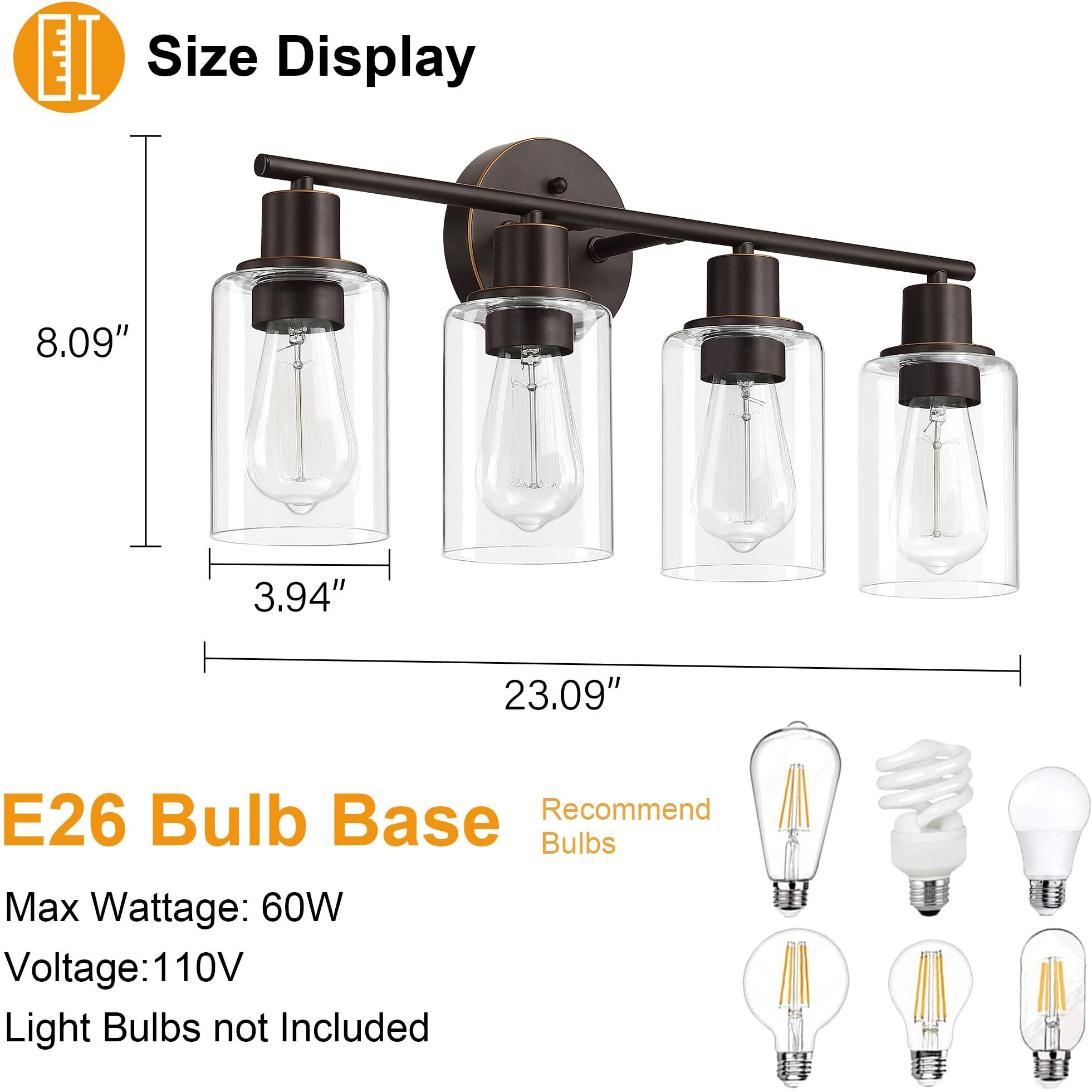 Pia Ricco Bathroom Vanity Light Fixtures, 4-Light Bathroom Wall Lights With Clear Glass Shades, Oil Rubbed Bronze Modern Wall Sconce Over Mirror, Bath Wall Sconces For Living Room Bedroom Hallway