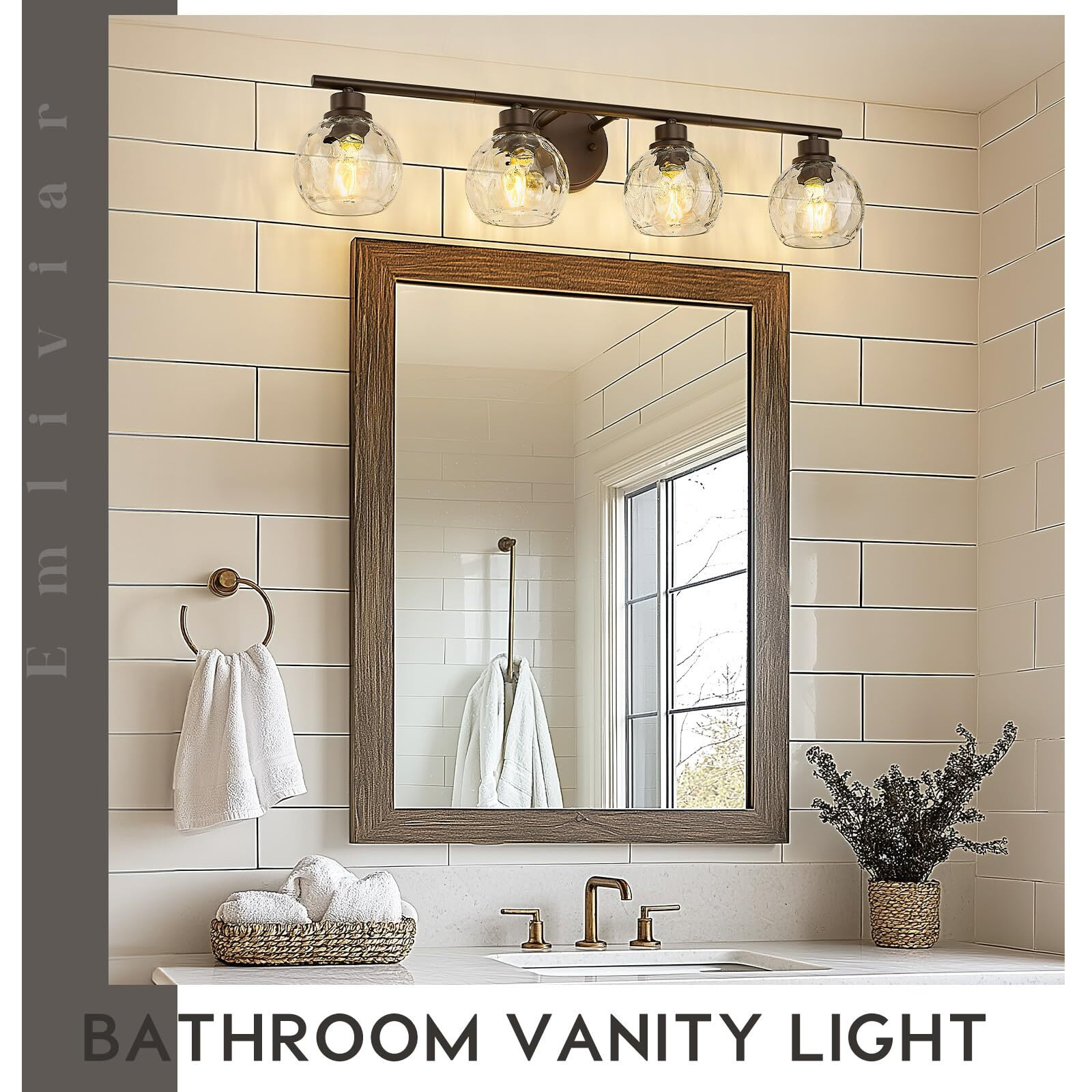 Emliviar 4-Light Vanity Lighting, 32.6"" Bathroom Wall Lamp With Water Ripple Globe Glass, Oil Rubbed Bronze Finsh, Ye295Bg-4W Orb-Wg